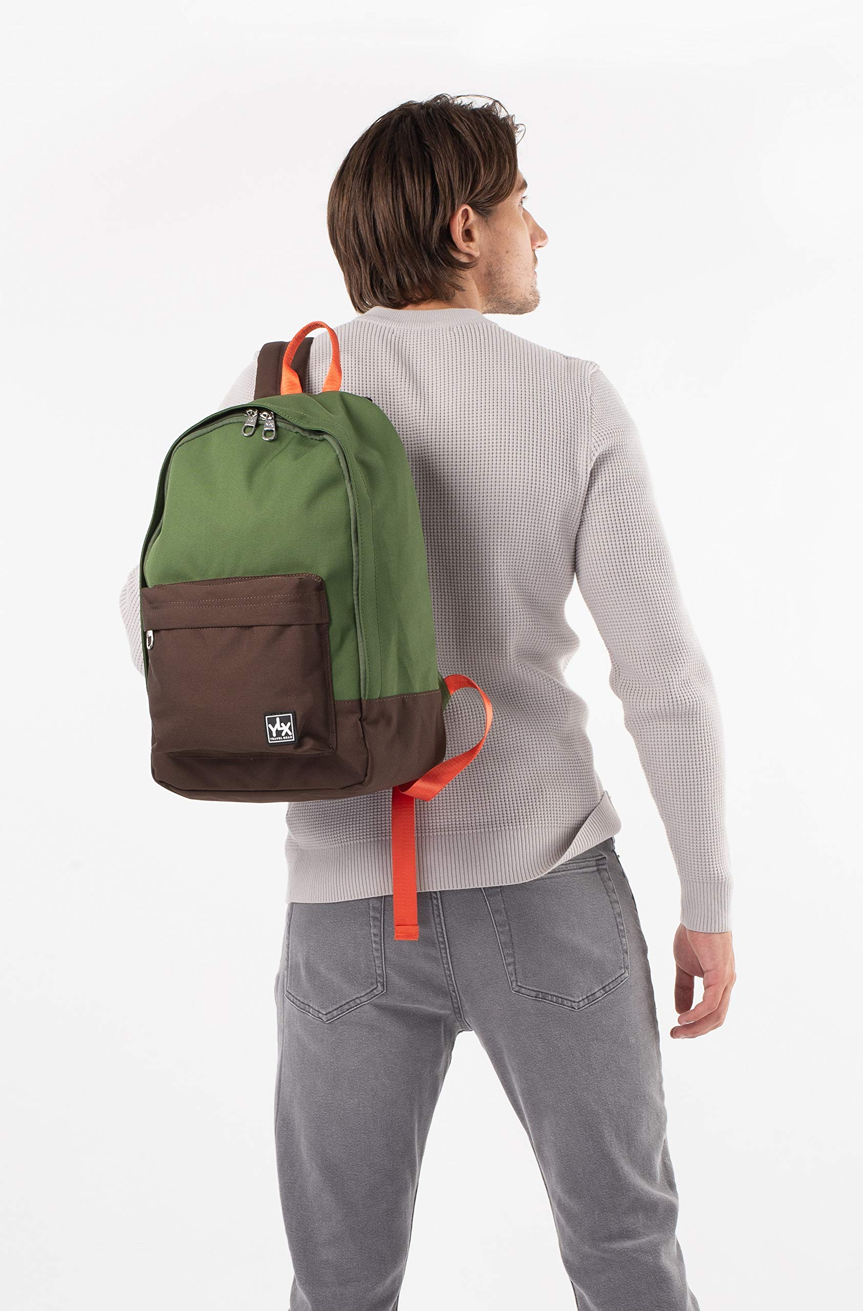 YLX Classic Eco-Friendly Travel Laptop Backpack - Stylish Computer Bag for Men & Women, Perfect for University & School, Fits 15” Laptops, Ideal for Work, Commute & Outdoor Adventures (Army Green & Dark Brown)