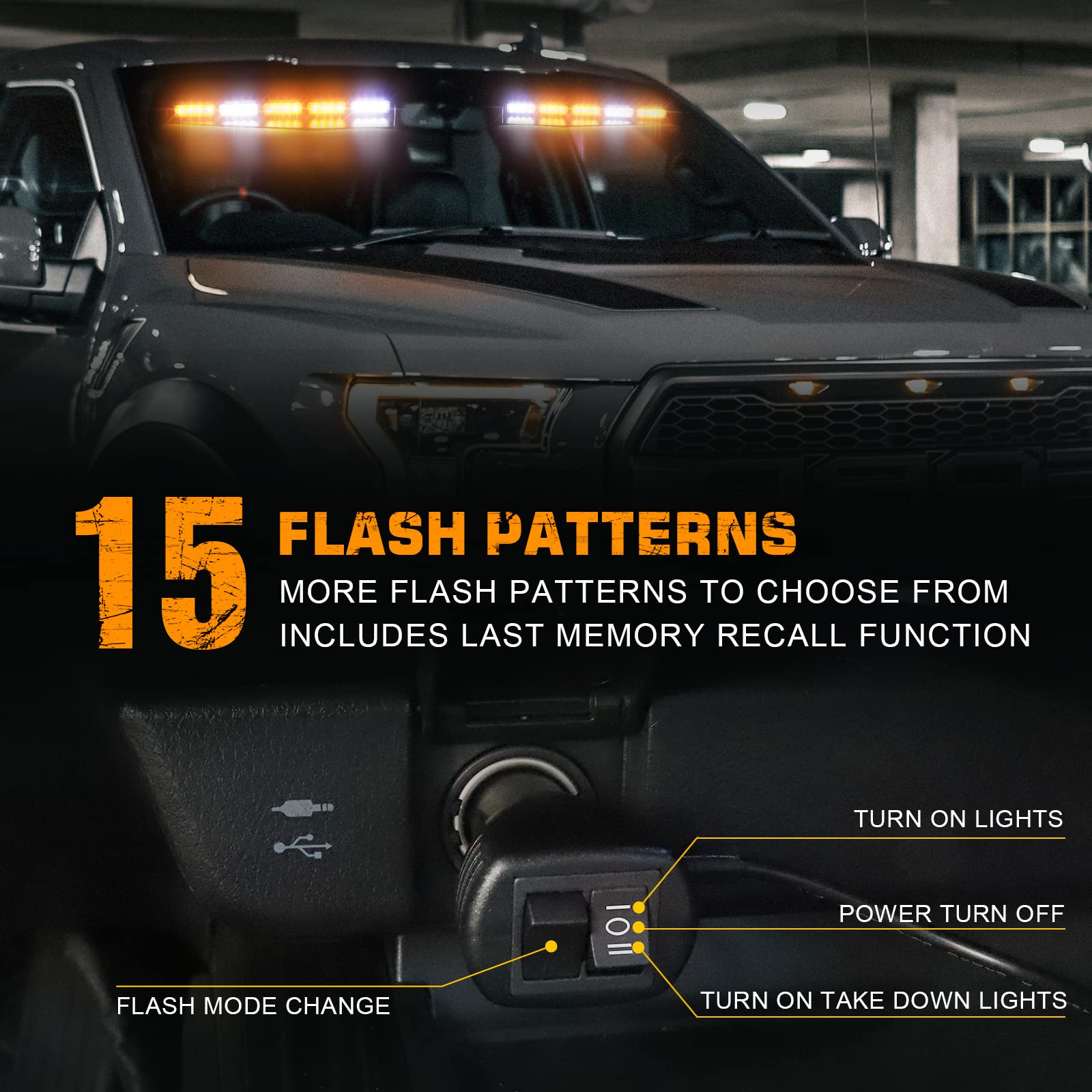 XRIDONSEN 34 Inch LED Emergency Strobe Visor Light Bar - 40 Amber & White Warning Flashing Lights for Trucks, Construction Vehicles - Interior Front Windshield Safety Hazard Lights with Take Down & Deck Split Feature - Ideal for Roadside Emergencies, Construction Zones, and Vehicle Safety Alerts