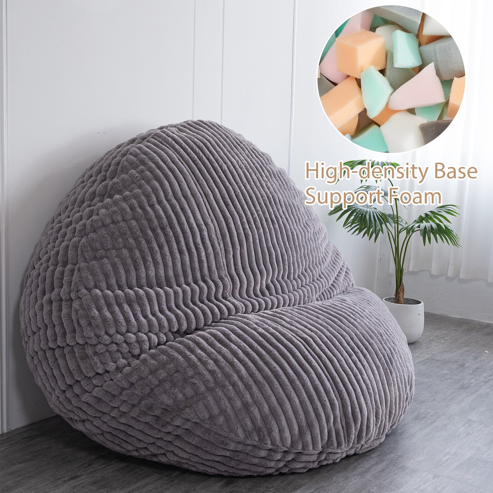 MAXYOYO Giant Bean Bag Chair for Adults - Round Soft Striped Faux Fur Bean Bag in Grey | Large Comfortable Lounge Chair for Living Room, Bedroom, Game Room & Dorm