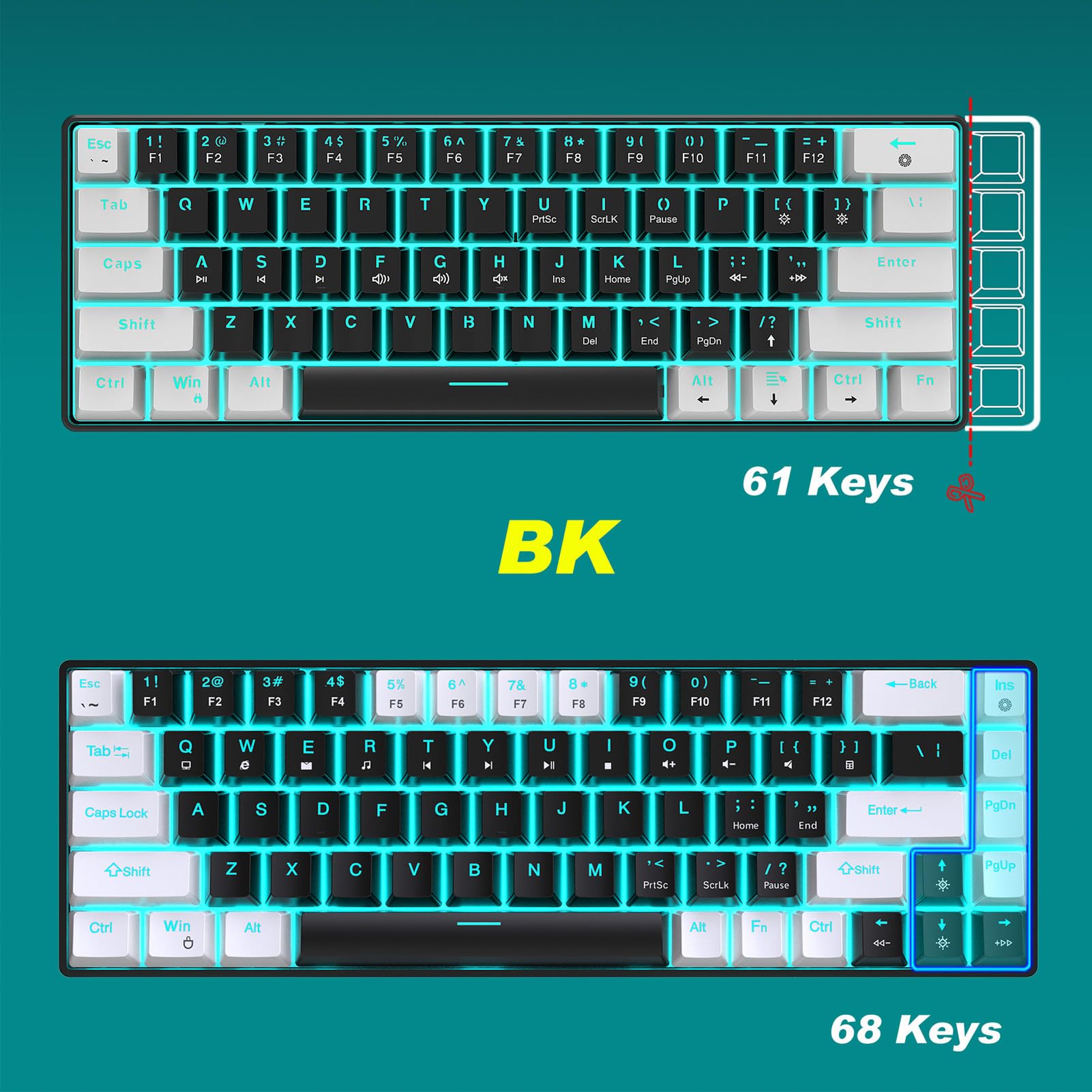 Gearwell 68 Key RGB Mechanical Gaming Keyboard for PC - Compact Wired Keyboard with Customizable Backlight, White & Black - Perfect for Gaming, Typing & Office Work