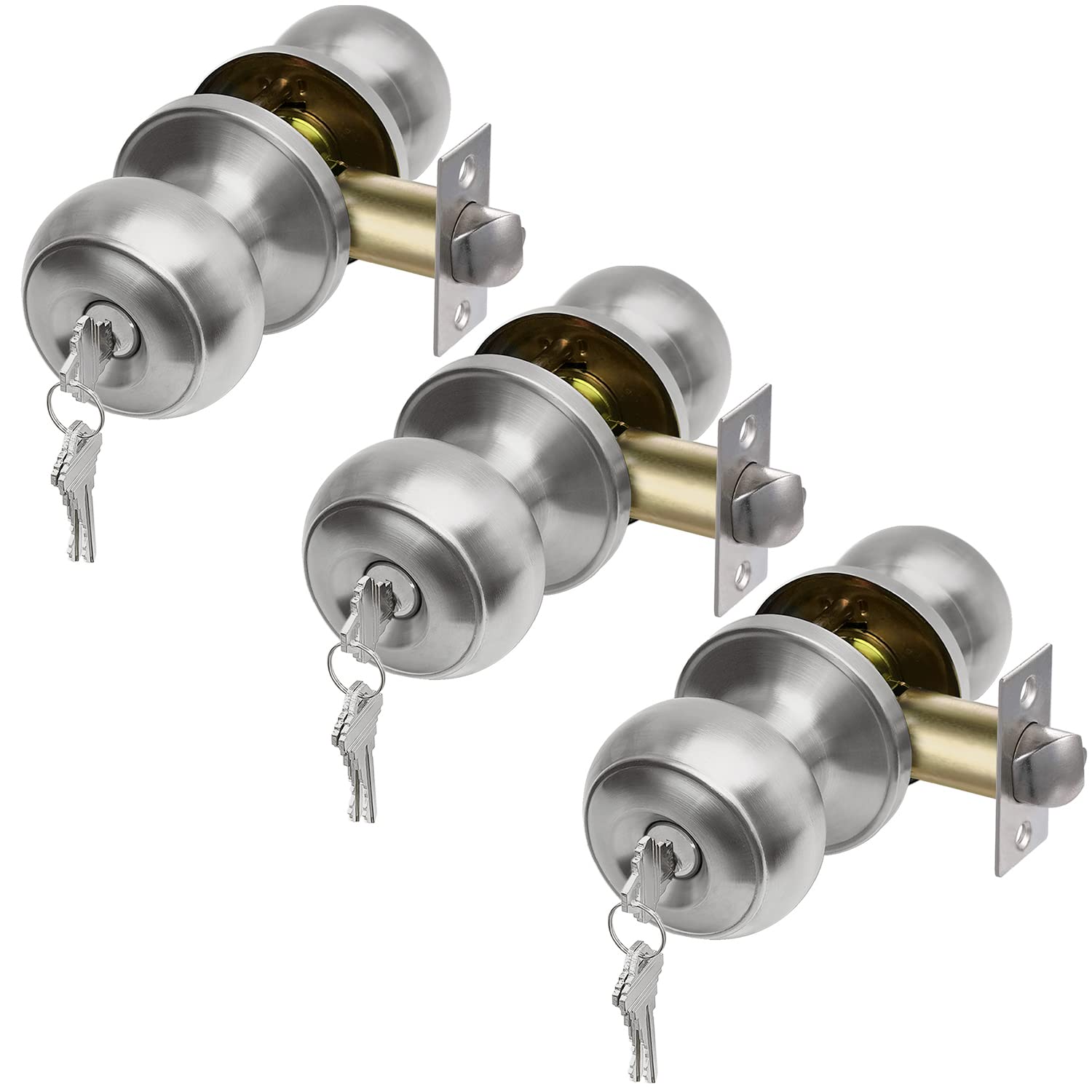 3-Pack Stainless Steel Keyed Alike Door Knob Set - Secure Entry & Front Door Locks for Home Safety