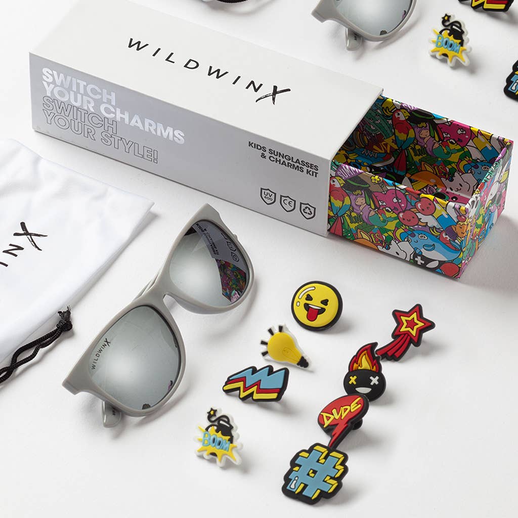 Kids' Grey Sunglasses & Charm Kit - Stylish UV Protection for Boys & Girls | Perfect for Outdoor Play, Beach Trips & Fashion Accessories