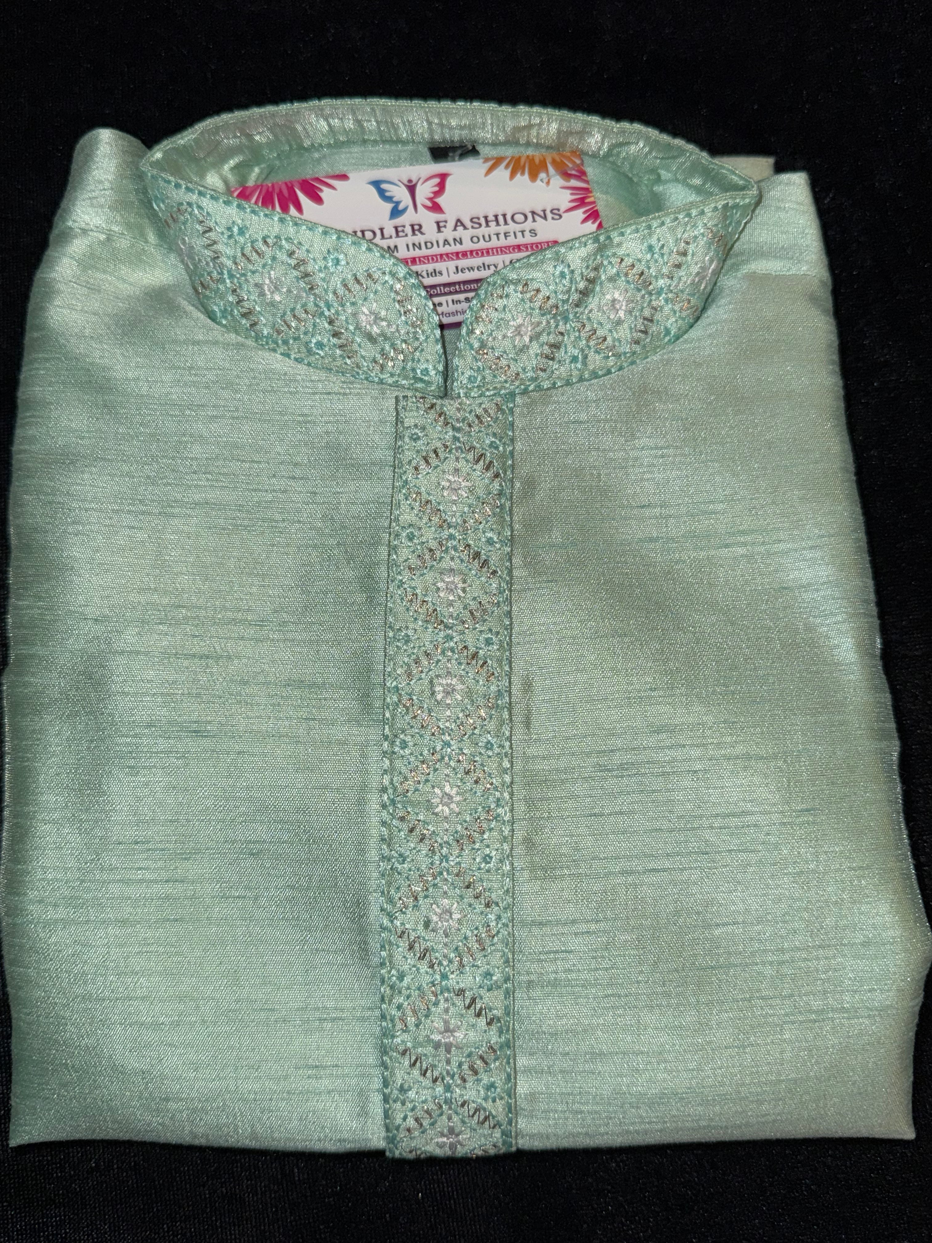 Stylish Light Green Embroidered Kurta Pajama Set for Kids | Traditional Indian Ethnic Wear | Perfect for Festivals, Weddings & Special Occasions
