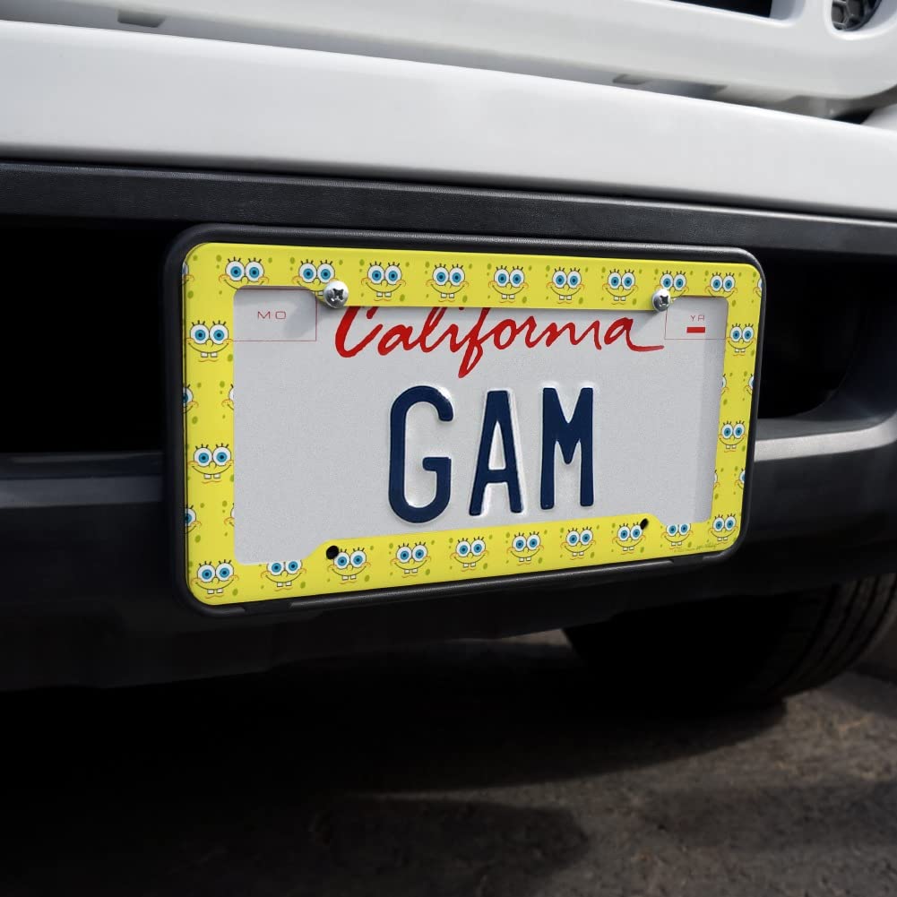 Spongebob Smiling Face License Plate Frame - Durable Car Tag Holder with Fun Cartoon Design - Perfect for Cars, Trucks & Vehicles - Great Gift for Spongebob Fans