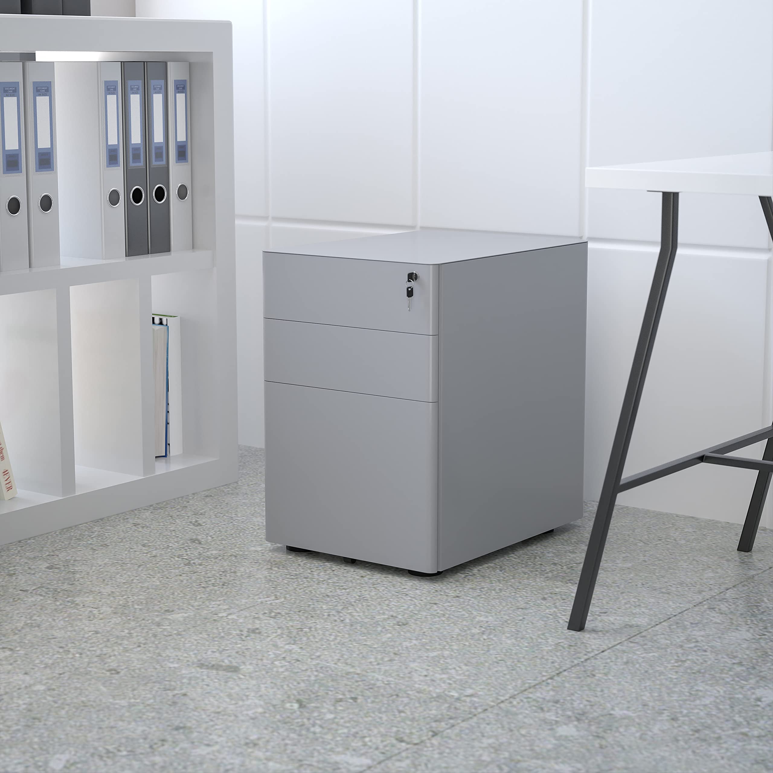 EMMA + OLIVER Modern 3-Drawer Locking File Cabinet with Wheels - Gray Storage Organizer for Office, Home, or Classroom Use