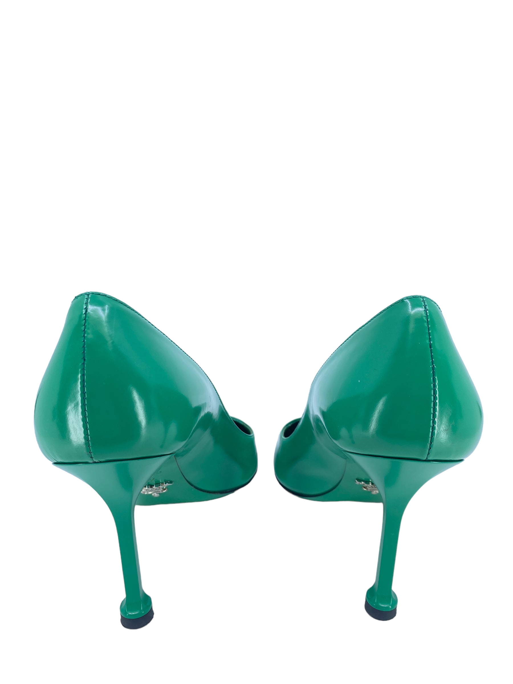Prada Green Leather Pumps Women's Size 7.5 - Luxury Italian Designer Heels for Office, Party & Special Occasions