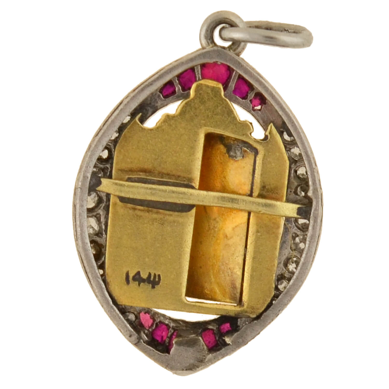 Edwardian Platinum & 14K Gold Ruby Diamond 21 Golden Door Charm Pendant Necklace - Vintage Jewelry Gift for Women, Bridal Party, Anniversary & Special Occasions