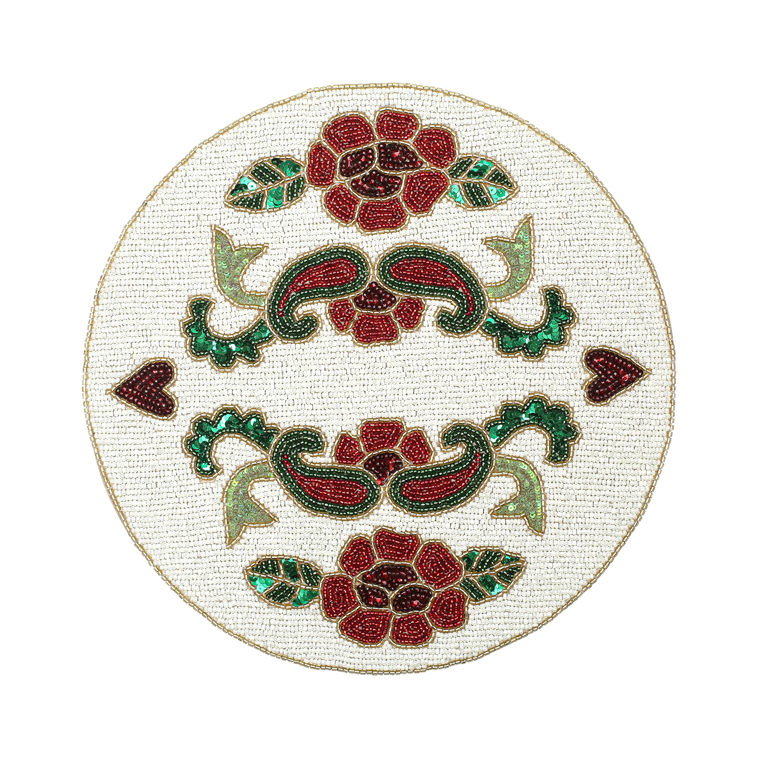 Handmade Beaded Placemat Charger - 13 Inch Round Decorative Table Mat for Dining Room & Party Decor - Red, Green, White - Perfect for Holiday Dinners, Wedding Centerpieces & Home Decor
