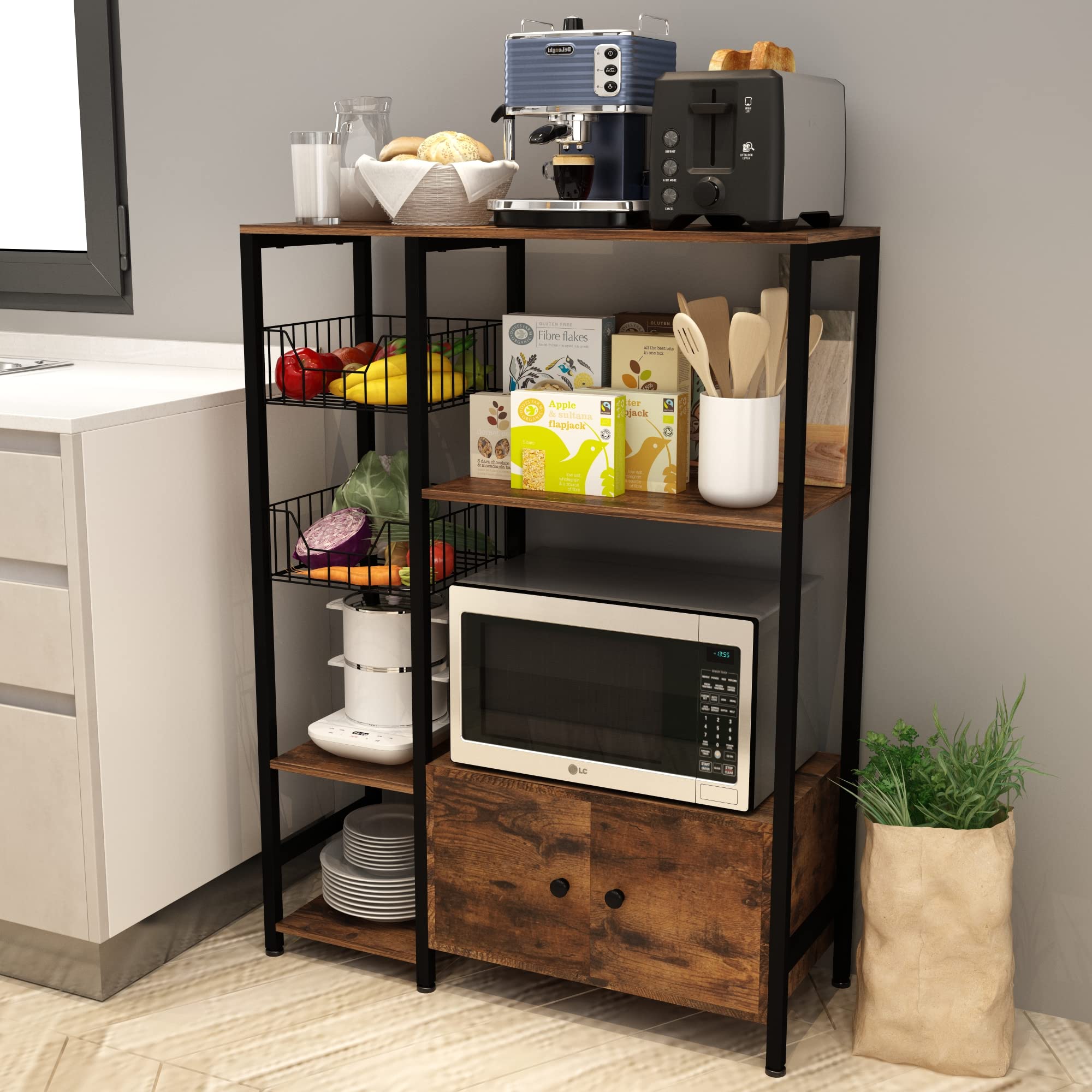 5-Tier Kitchen Bakers Rack - Heavy Duty Microwave Stand with Storage Shelves & Hutch Cabinet - Free Standing Kitchen Organizer for Spices, Cookbooks & Small Appliances - Perfect for Small Kitchens, Apartments & Pantry Organization