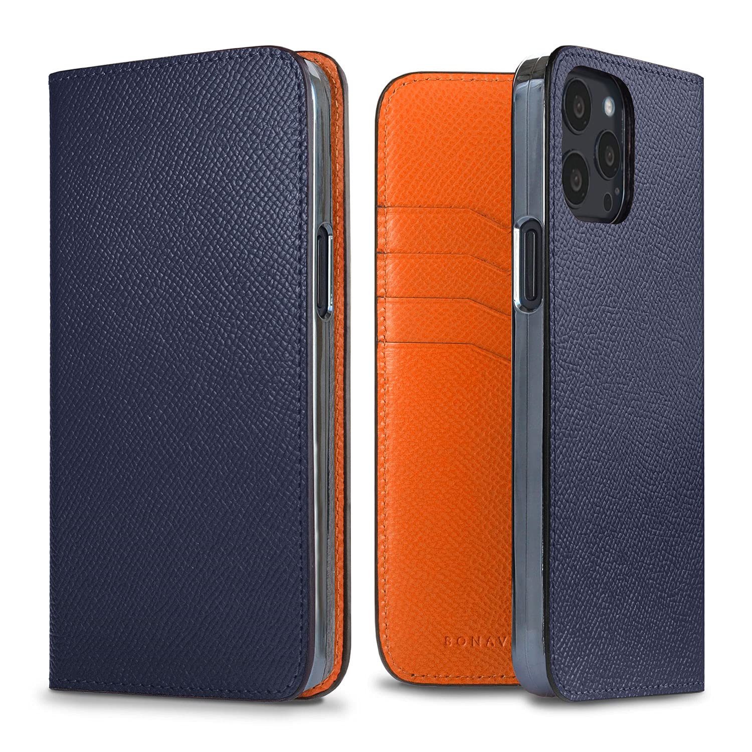 Premium BONAVENTURA Noblessa Diary Leather Phone Case for iPhone 13 Pro Max - Navy & Orange Luxury Flip Cover with Card Slots | Perfect for Business Professionals & Everyday Use (Model BODN13PM-NAOR)