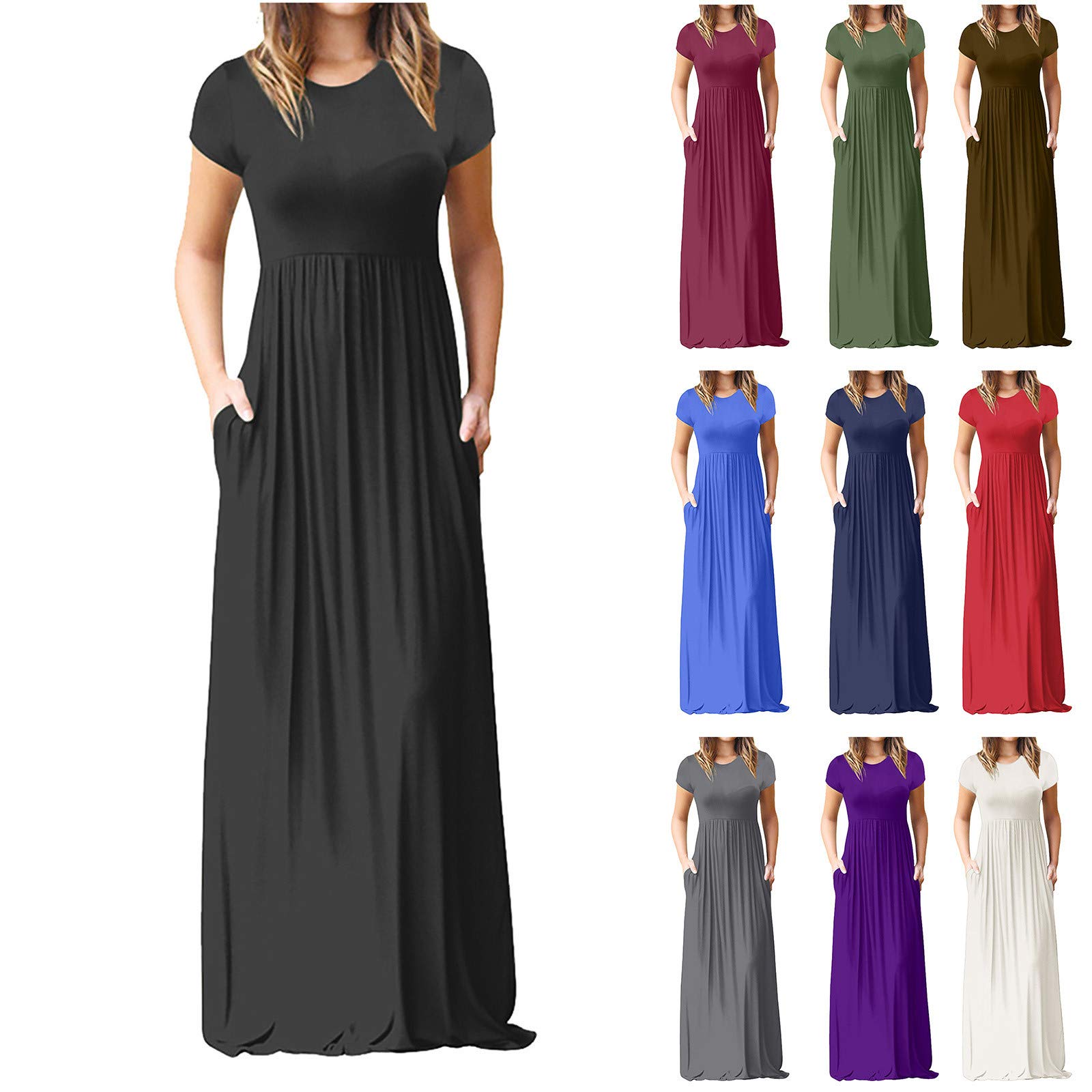 MASZONE Women's Summer Maxi Dress - Loose Plain Casual Short Sleeve Floor Length Dress with Pockets | Perfect for Beach, Party & Everyday Wear