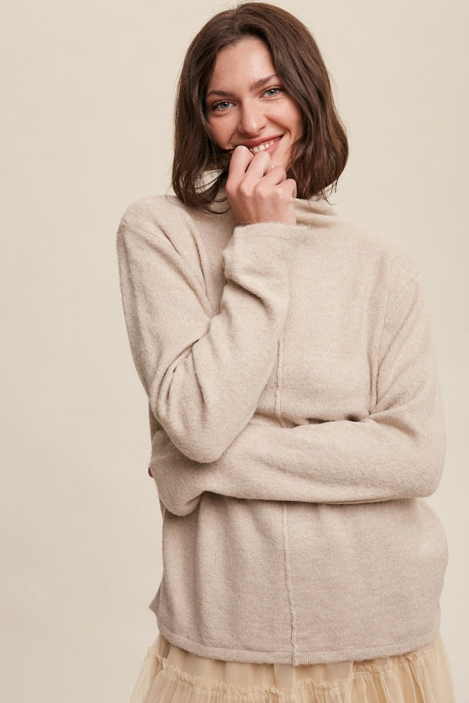 Beige Ultra Soft Mock Neck Maternity Sweater for Pregnant Women - Cozy Winter Pregnancy Top for Nursing & Everyday Wear