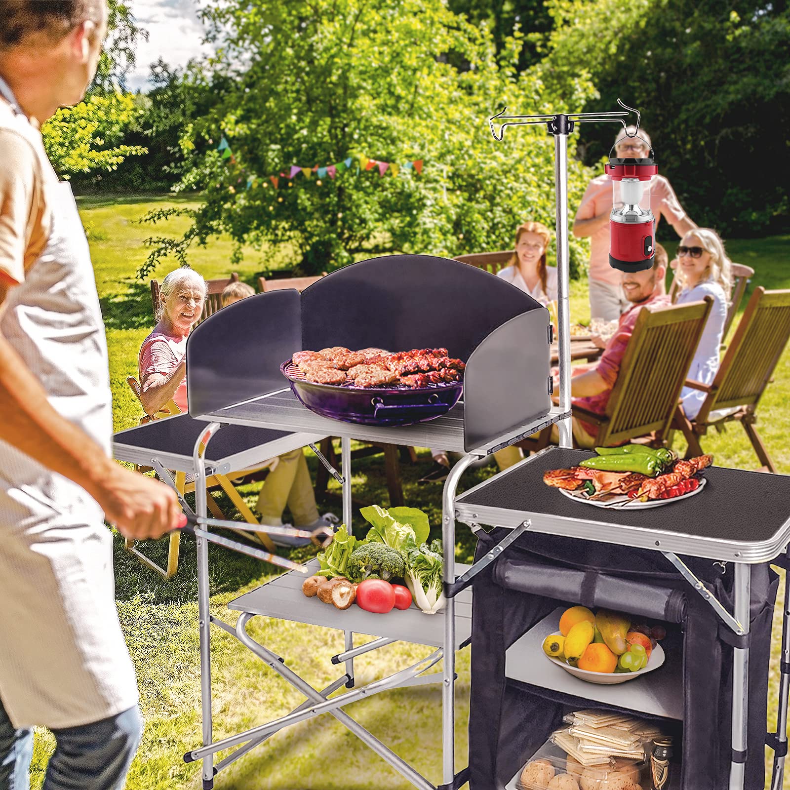 CampLand Portable Folding Camping Table - Lightweight Aluminum Outdoor Cooking Station with Storage Organizer for Picnics, BBQ & RV Trips (Black)