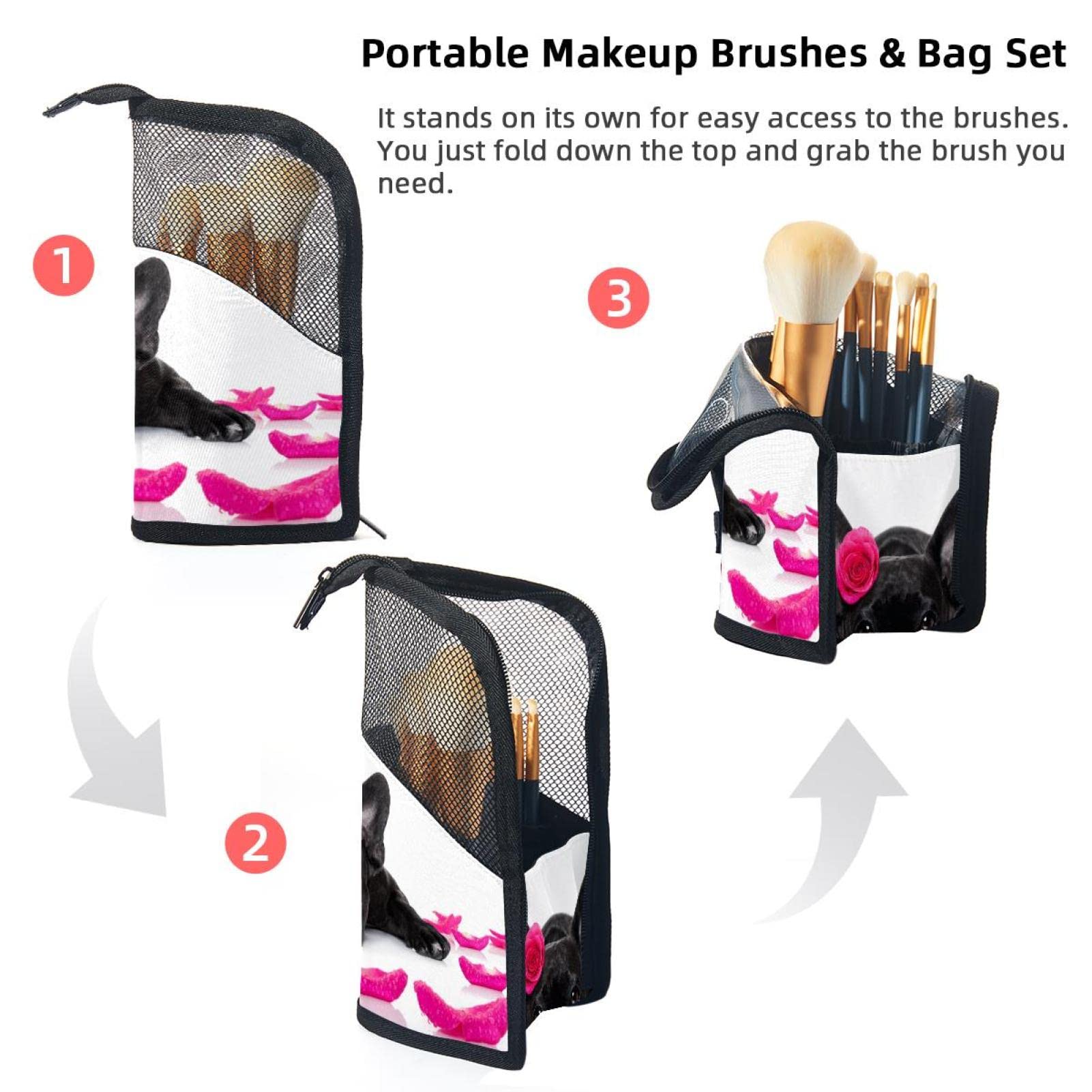 French Bulldog Rose Petal Makeup Brush Organizer Bag - 12 Slot Portable Makeup Brush Holder Case for Travel, Home & Professional Makeup Artist Use