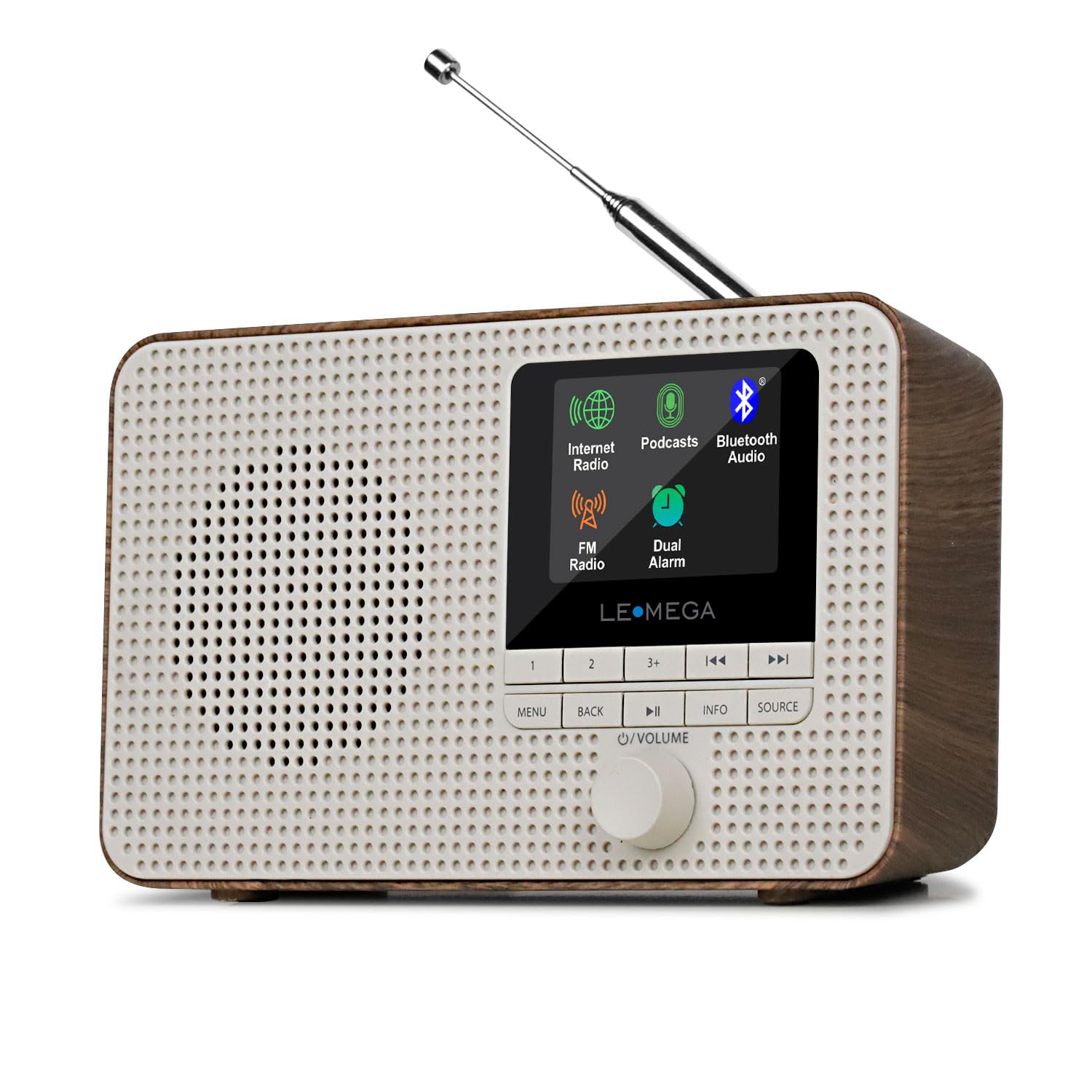LEMEGA IR1 Portable WiFi Internet Radio with FM Digital Tuner, Bluetooth Speaker, Dual Alarm Clock, Sleep Timer, 40 Presets, Headphone Jack, Color Display - Battery or AC Powered (Walnut Finish) - Perfect for Home, Office, and Travel Use