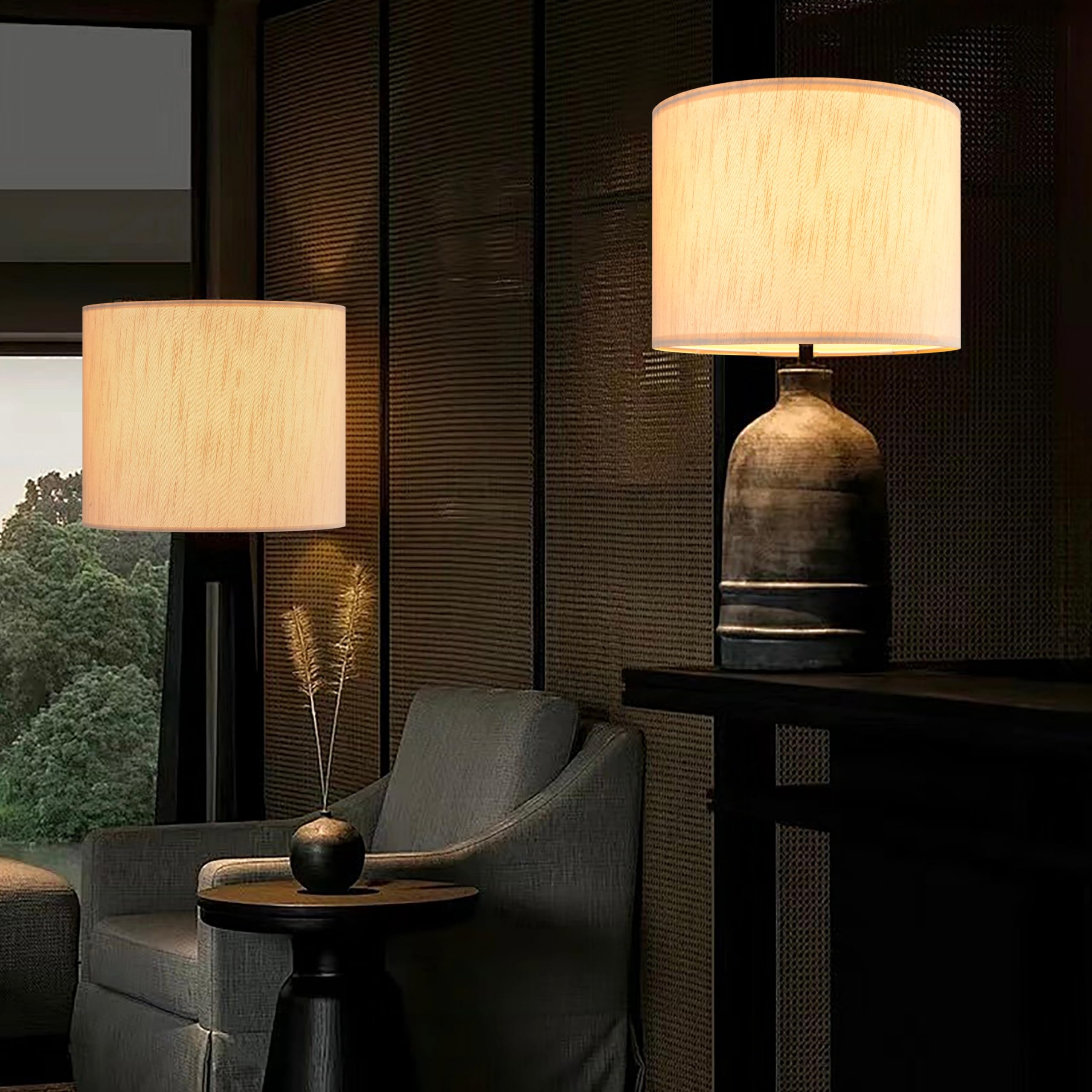 Natural Beige Bamboo Knot Linen Drum Lamp Shades Set of 2 - 16