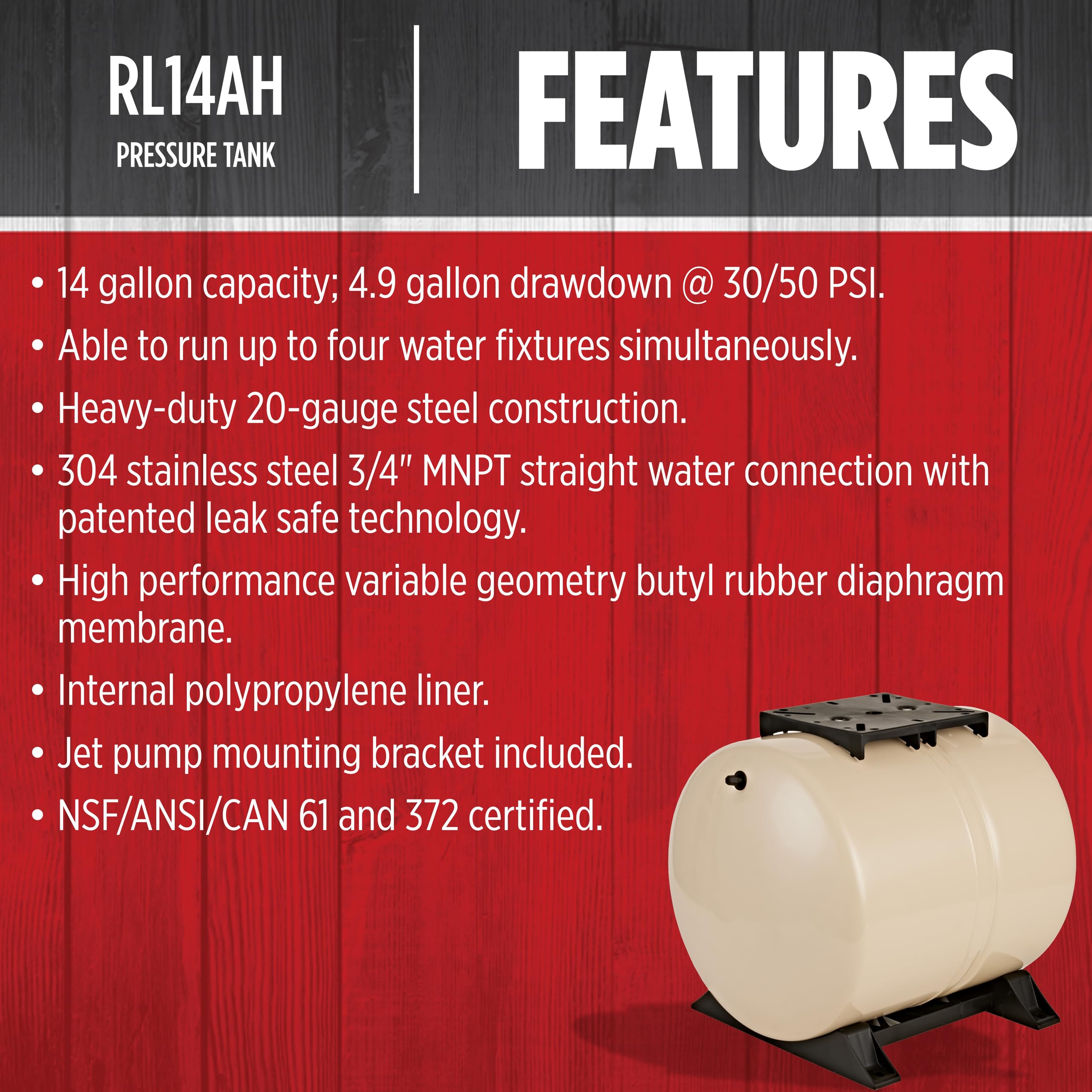 Red Lion RL14AH 14-Gallon Horizontal Pre-Charged Pressure Tank with Pump Mounting Bracket - Thermoplastic Stand for Well Pumps, 3/4-Inch MNPT Connection (Almond) - Ideal for Residential Water Systems, Irrigation & Agricultural Applications