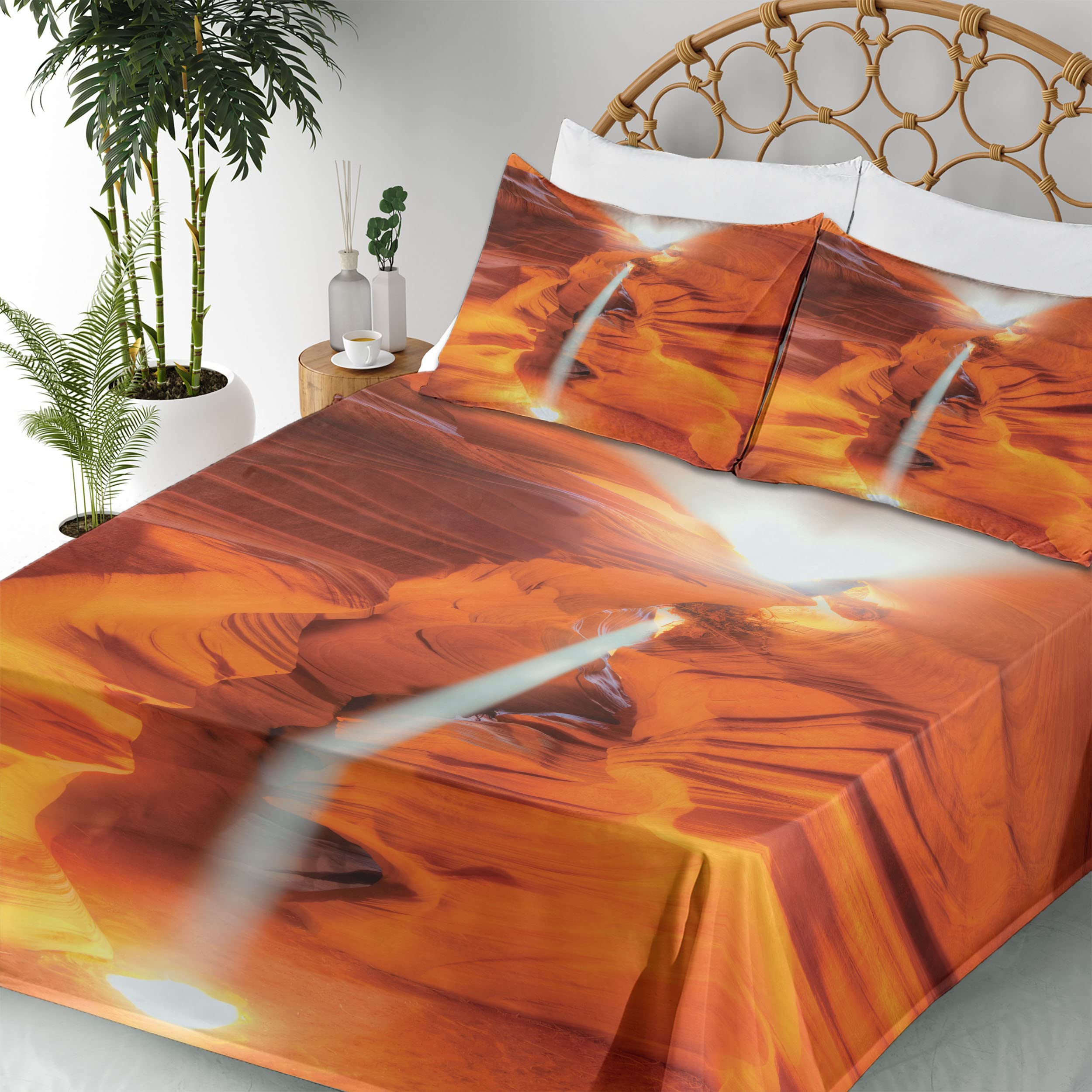 Ambesonne Americana King Size 4-Piece Sheet Set - Majestic Scenery Sunbeam Sandstone Antelope Canyon Nature Design, Orange Yellow & White Bedding with Fitted Sheet, Flat Sheet & Pillowcases - Perfect for Southwest Style Bedrooms, Vacation Homes & Nature-Themed Decor