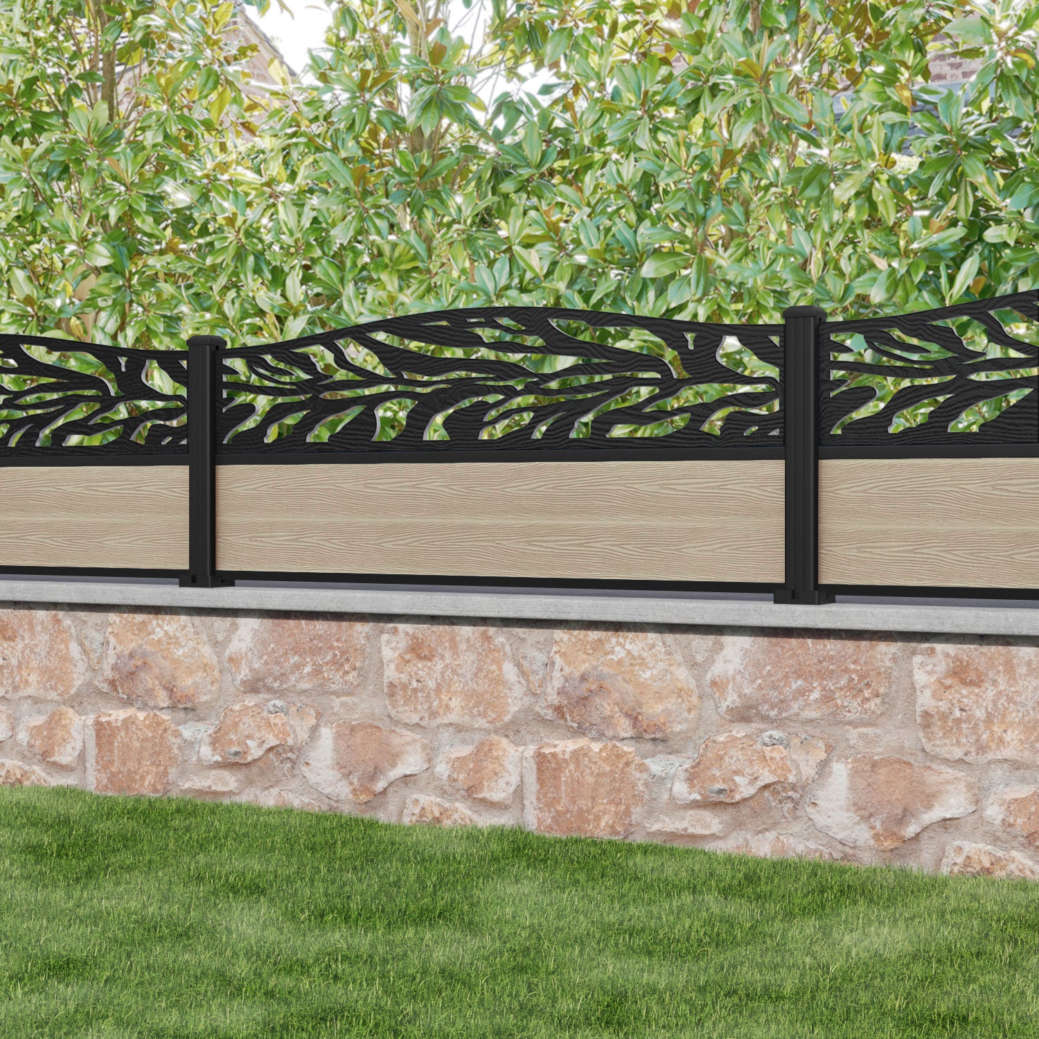 Classic Malawi Curved Top Fence Panel - Light Oak Wood with Aluminum Posts | Durable Outdoor Privacy Fence for Garden, Yard & Pool Area