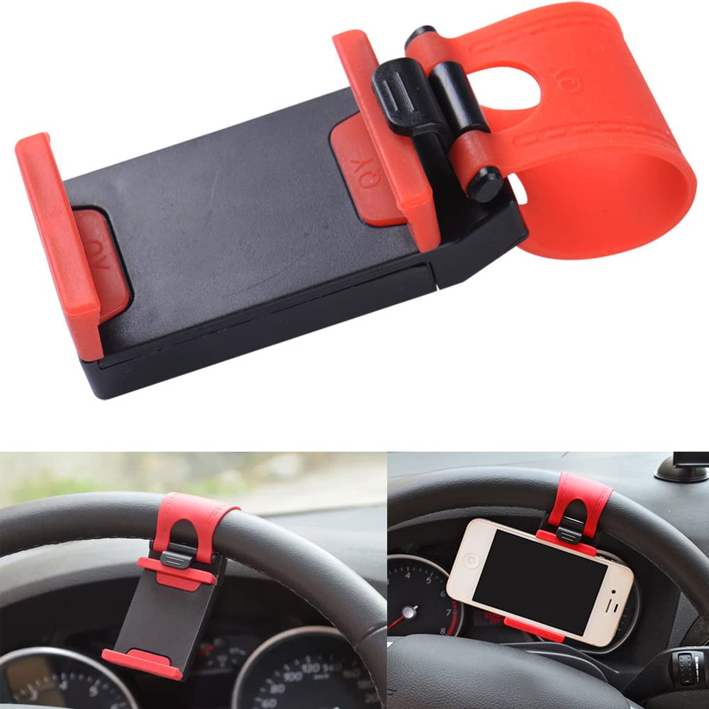 Universal Steering Wheel Phone Holder Mount - Hands-Free Car Phone Mount for Safe Driving, Better View & Easy Access (Red) - Perfect for GPS Navigation, Music Control & Hands-Free Calls While Driving