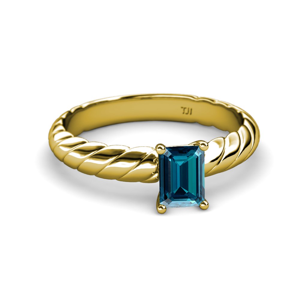 London Blue Topaz 7x5mm Emerald Cut Solitaire Rope Engagement Ring - 0.90 Carat 14K Yellow Gold - Perfect for Proposals, Weddings & Anniversary Gifts