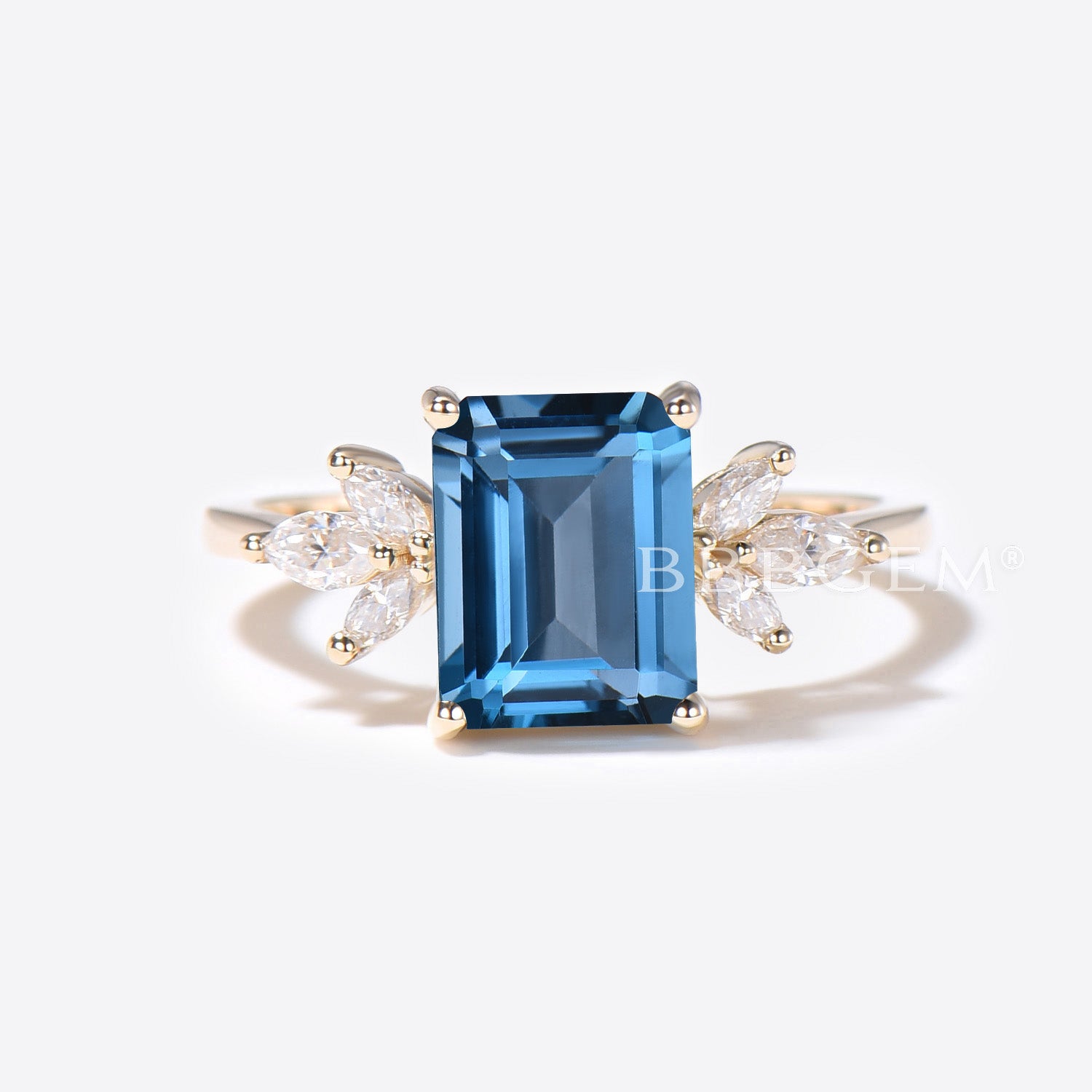 Emerald Cut London Blue Topaz Engagement Ring - 14K/18K Yellow Gold Wedding Band with Marquise Moissanite Accents | December Birthstone Jewelry for Women | Perfect for Proposals, Anniversaries & Special Occasions