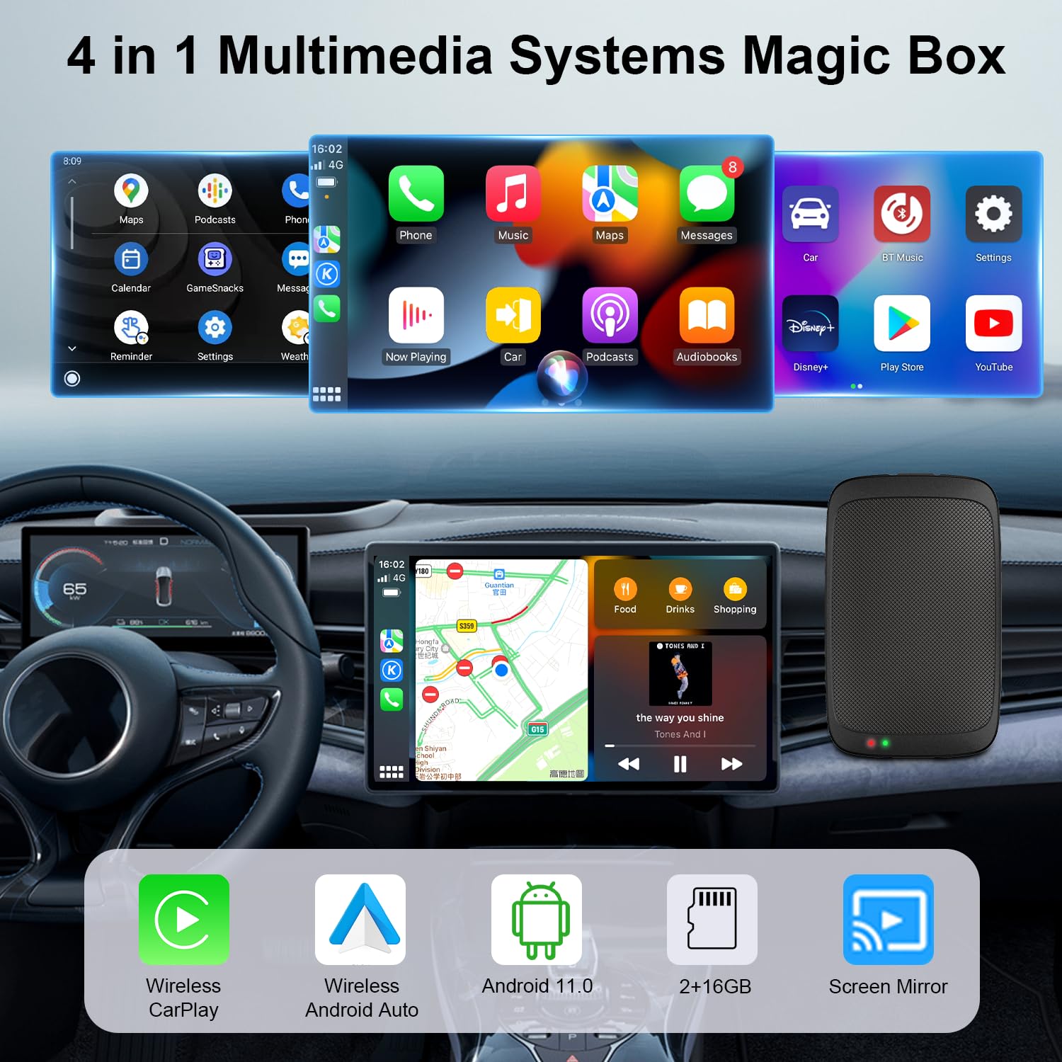 Wireless CarPlay Adapter for iPhone - 4-in-1 CarPlay & Android Auto Wireless Dongle with YouTube/Netflix/TikTok/Play Store Support, Screen Mirroring & TF Card Slot | Convert Wired to Wireless for Seamless Streaming in Your Car | Perfect for Road Trips & Daily Commutes