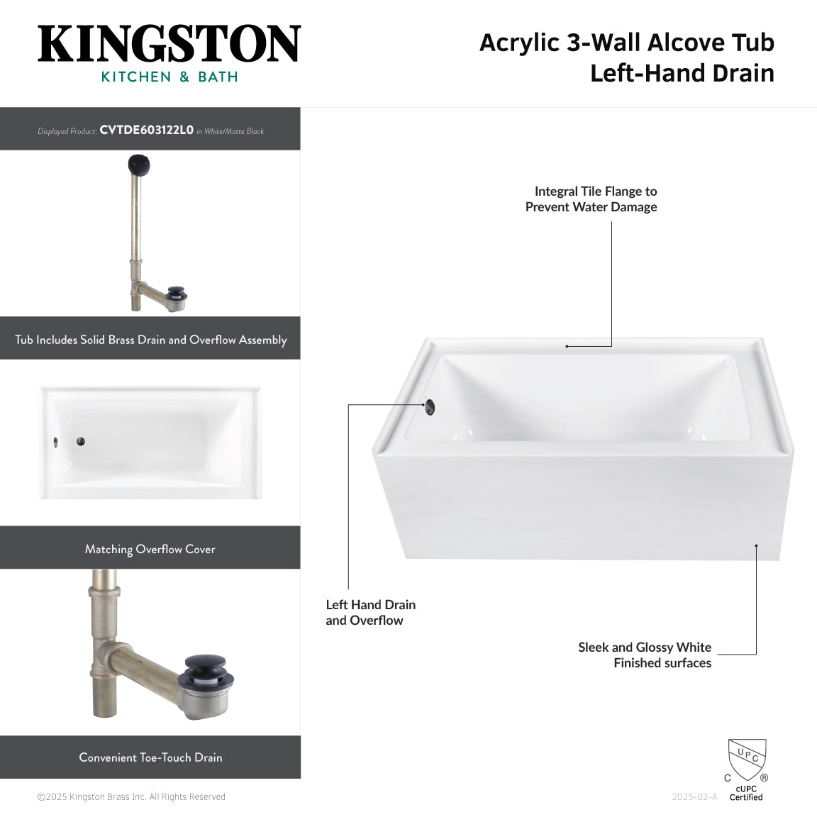 Aqua Eden 66 Inch Acrylic Rectangular 3-Wall Alcove Bathtub Combo with Waste & Overflow Drain - Left Hand Drain, Glossy White/Polished Brass - Perfect for Modern Bathroom Renovations & Spa-Like Retreats
