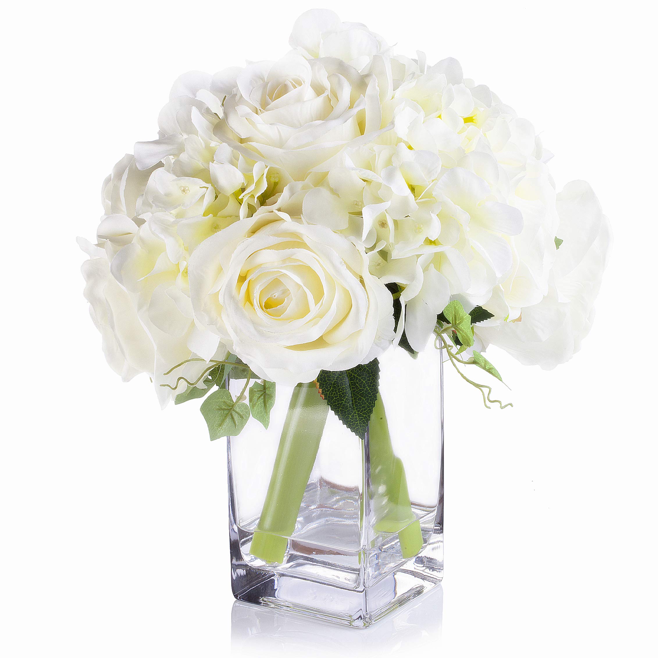 ENOVA HOME Cream Mixed Rose & Hydrangea Silk Flower Arrangement in Glass Vase with Faux Water - Elegant Wedding Centerpiece & Home Decor for Dining Table, Living Room, Office