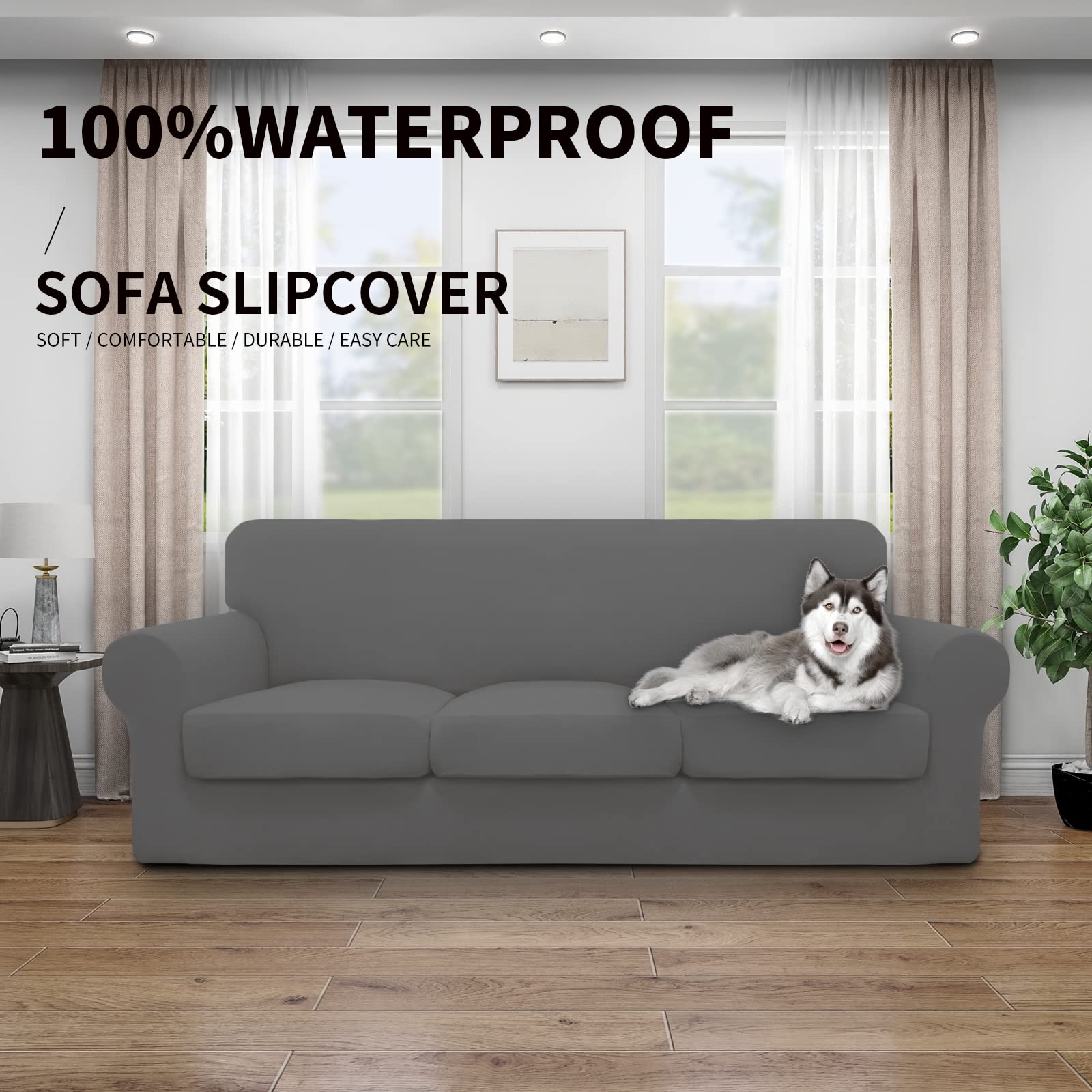 Waterproof Stretch Sofa Cover for Dogs & Kids - 100% Leakproof, Soft Couch Slipcover for 3-Cushion Couches - Gray Furniture Protector for Pets & Family (Perfect for Homes with Active Pets or Young Children)