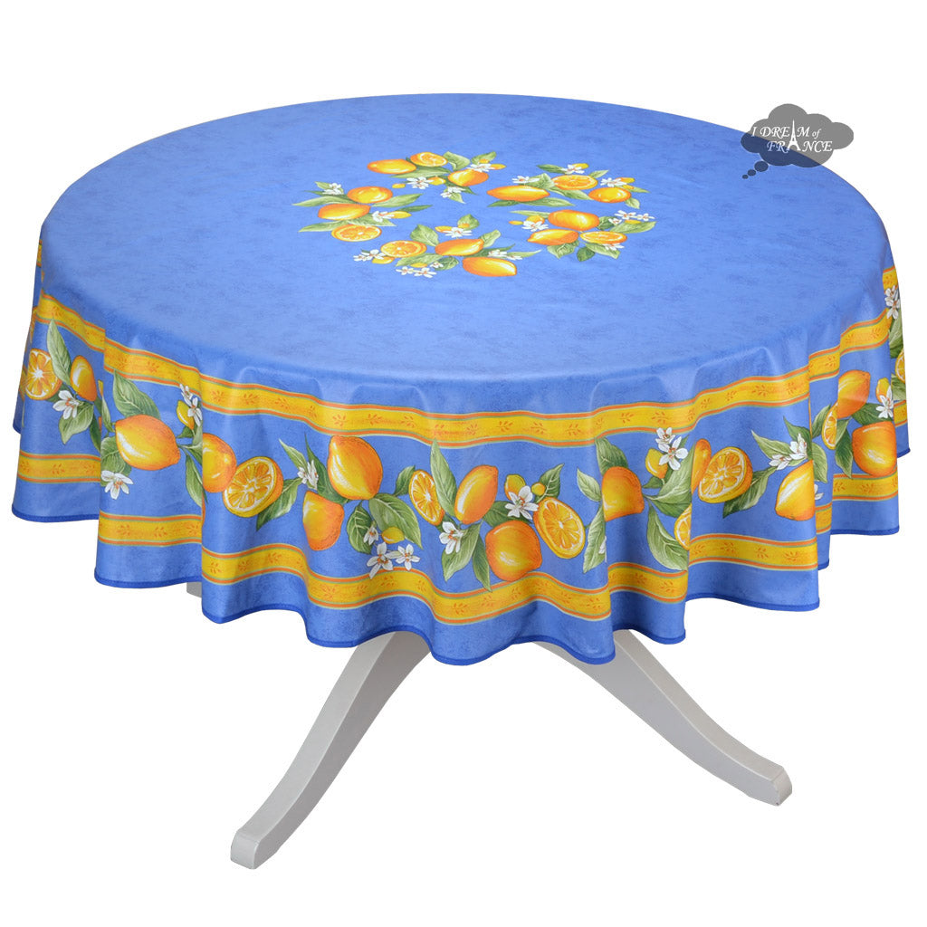 70 Round Lemons Blue Tablecloth by Tissus Toselli - Waterproof & Washable - Perfect for Outdoor Picnics, Kitchen Dining, and Party Decorations