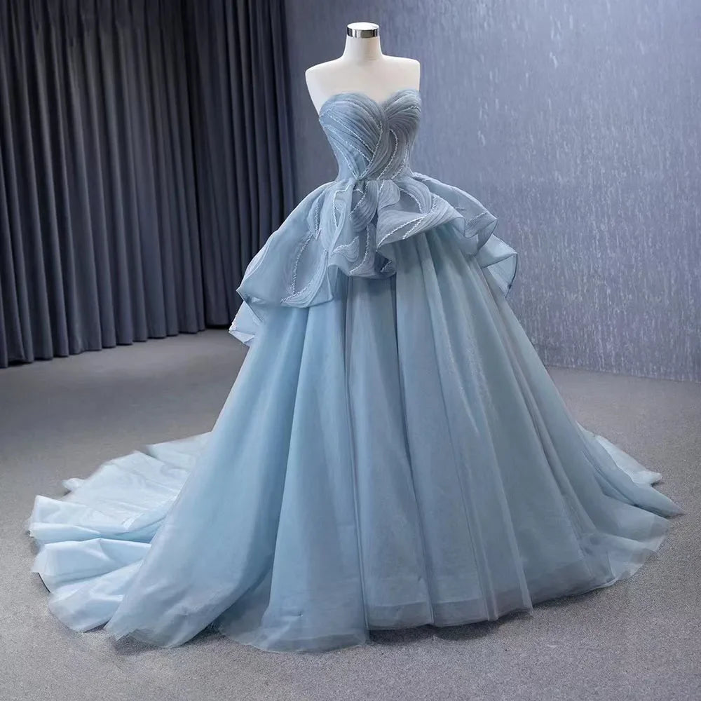 Luxury Custom Gray Blue Beaded Lace-Up Ball Gown Wedding Dress HM231064 - Perfect for Bridal Ceremonies, Formal Events & Special Occasions
