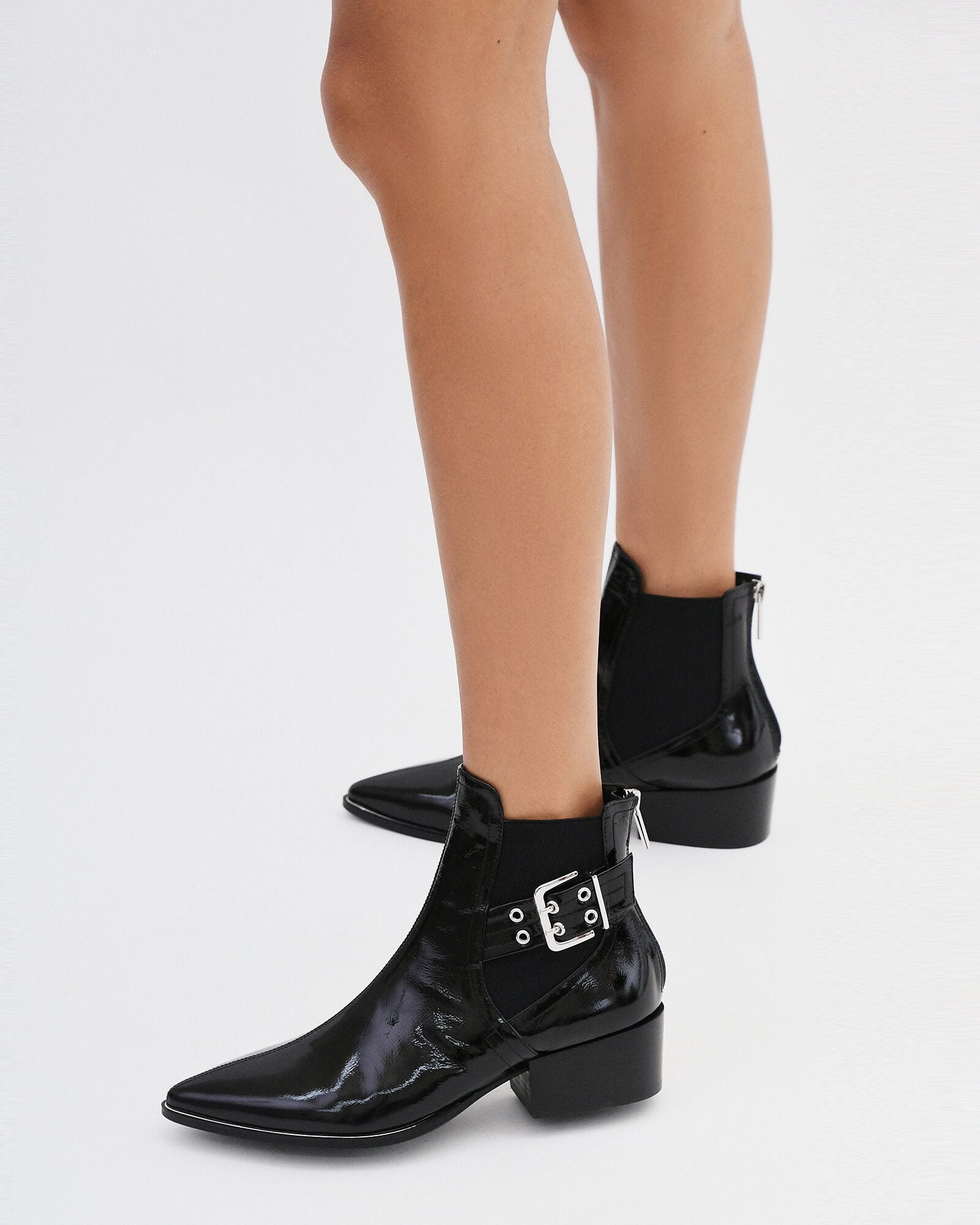 RIVER Flat Ankle Boots for Women - Black Crinkle Patent Leather Chunky Heel Booties for Casual & Work Outfits | Comfortable & Stylish Everyday Shoes