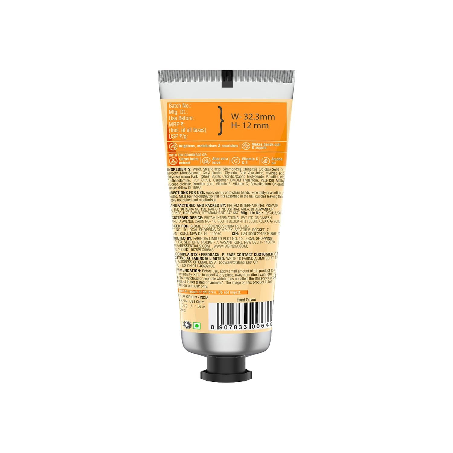 Fabessentials Vitamin C Citrus Fruits Hand Cream - 30gm | Moisturizing Hand Cream for Dry Rough Hands | Brightening & Nourishing Hand & Nail Care | Unisex Hand Moisturizer for Women & Men | Perfect for Daily Hydration, Office Use & Travel Skincare