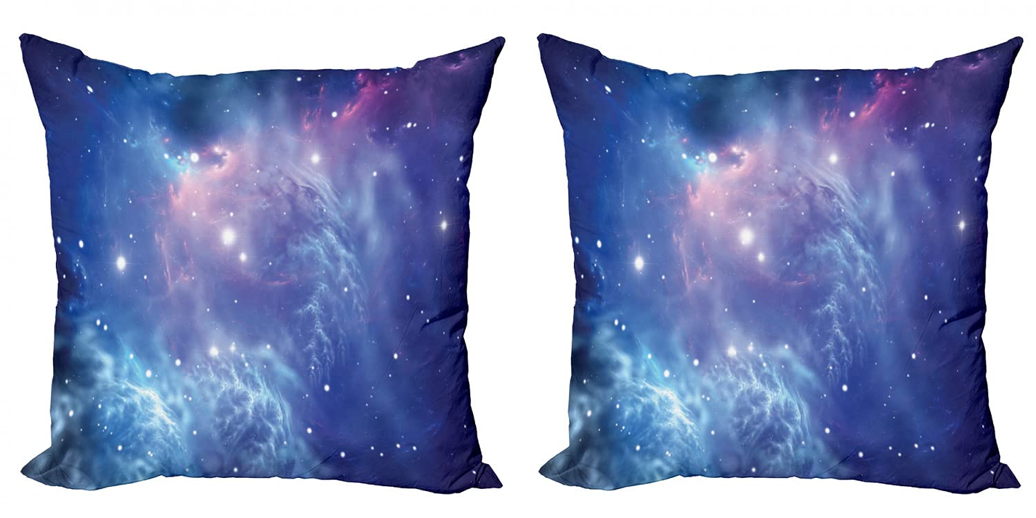 Ambesonne Galaxy Throw Pillow Covers Pack of 2 - Outer Space Nebula Star Cluster Astronomy Decor - 18 Inch Decorative Cushion Covers for Sofa, Bed, Living Room - Purple & Navy Blue - Perfect for Space Theme Bedroom or Sci-Fi Home Decor