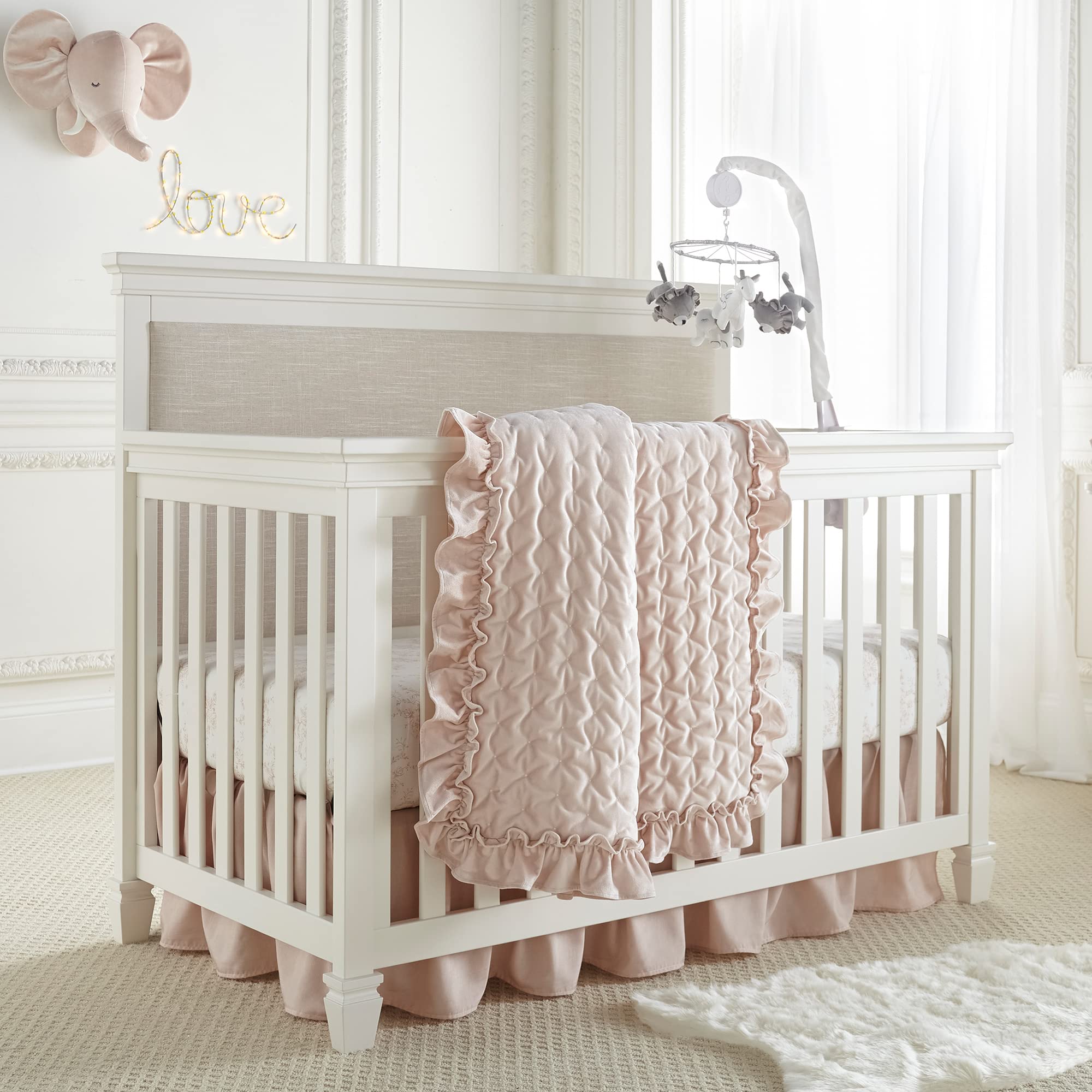 Levtex Baby Heritage Crib Bedding Set - 4 Piece Nursery Collection with Quilt, Fitted Sheet, Changing Pad & Dust Ruffle - Soft Blush Velvet for Cozy Comfort | Perfect for Newborns, Baby Showers & Nursery Decor