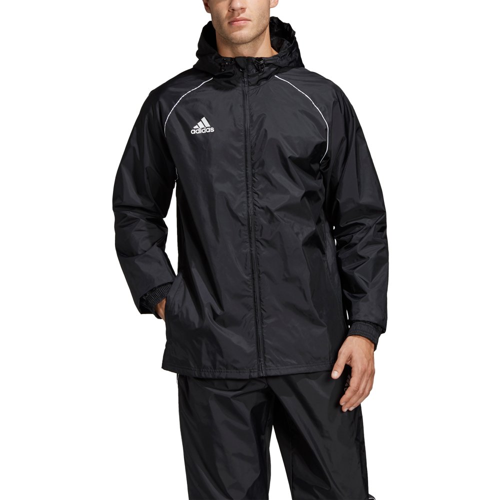 Adidas Youth Core 18 Waterproof Rain Jacket for Boys & Girls - Lightweight Windbreaker with Hood (Black/White) - Perfect for School, Outdoor Activities & Sports