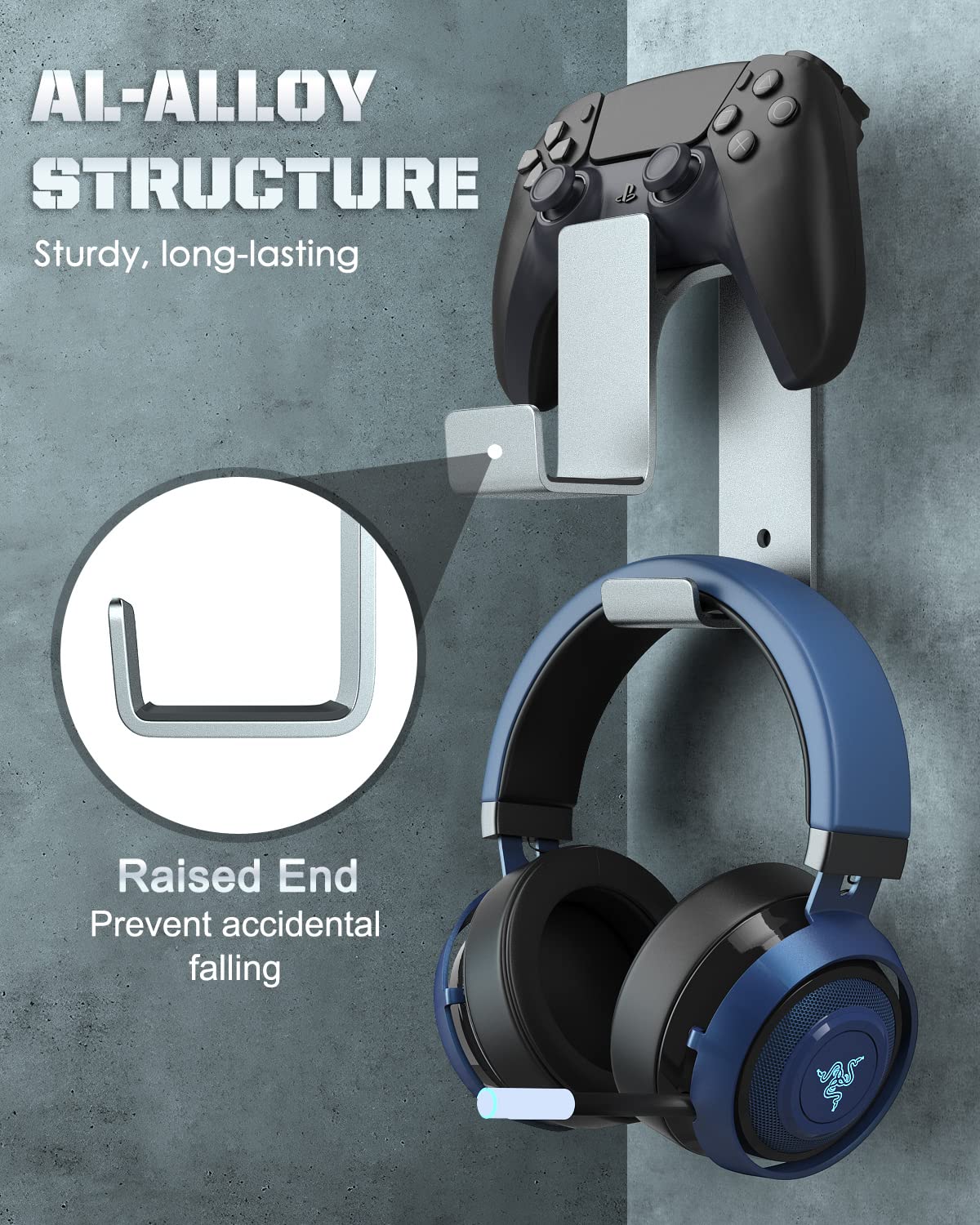 Moko Universal Headset Stand - Wall Mount Headphone Holder Compatible with PS3, PS4, PS5, PC, Steam, Switch & Gamepad Controller - Aluminum Silver | Gaming Accessories for Organized Gaming Setup