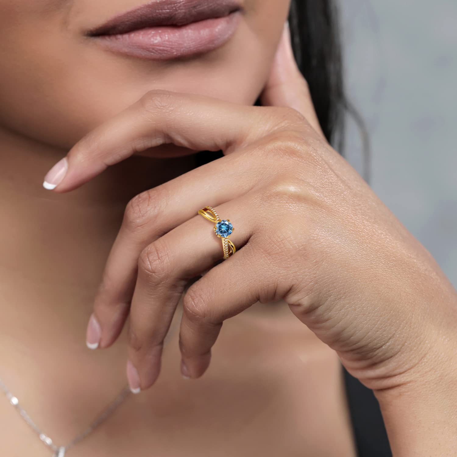 18K Yellow Gold Plated Silver Ring with Round Persian Blue Moissanite & Moissanite (0.88 CTTW) - Elegant Jewelry for Women, Perfect for Engagement, Wedding, Anniversary & Special Occasions