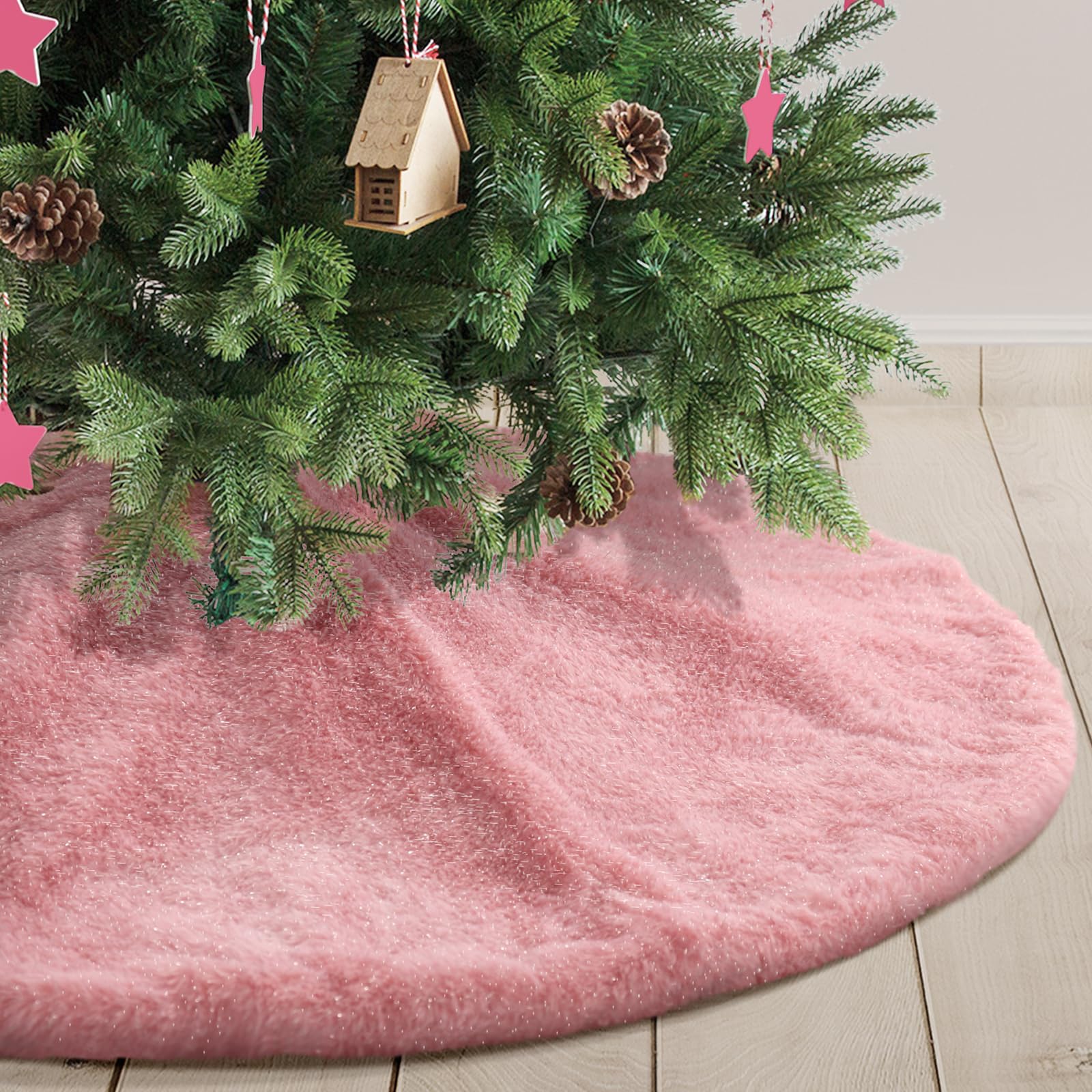30 Inch Pink Plush Christmas Tree Skirt - Faux Fur Xmas Tree Base Cover with Shiny Streamers for Holiday Decor | 78cm Round Tree Mat for Home, Party & Festive Decorations
