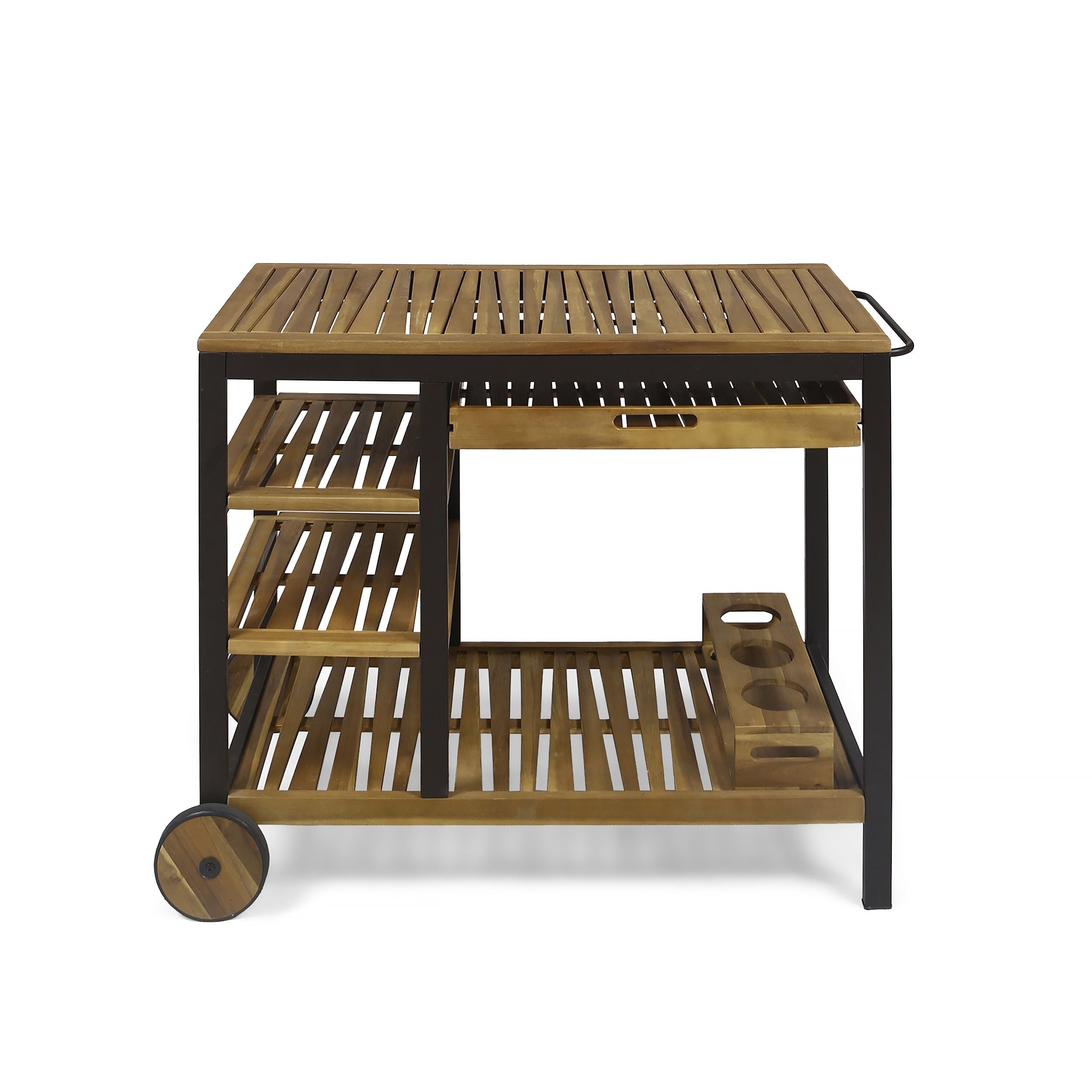 **Acacia Wood & Iron Bar Cart with 4 Shelves, Wine Holders & Reversible Drawers - Perfect for Home Bars, Kitchen Storage & Outdoor Entertaining**