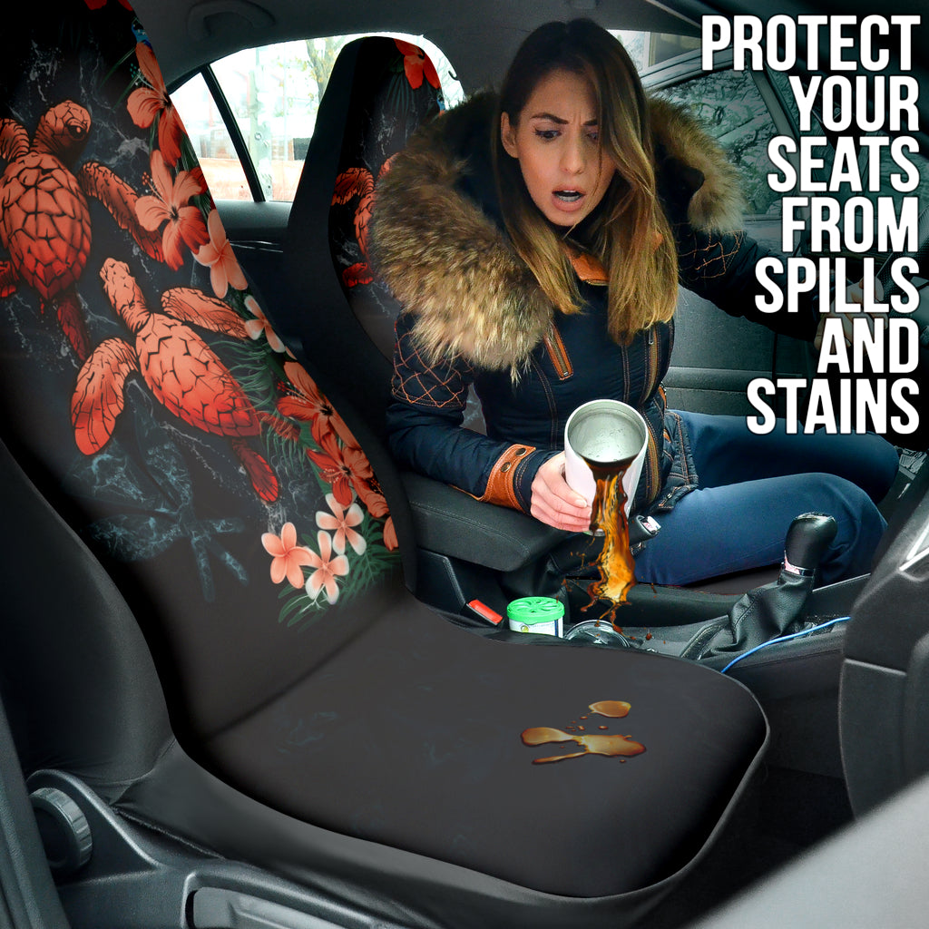 Premium Hawaiian Sea Turtle & Tropical Hibiscus Plumeria Flower Car Seat Covers - Breathable Universal Fit for Cars, Trucks & SUVs - Perfect for Beach Trips, Summer Road Travel & Tropical Theme Decor