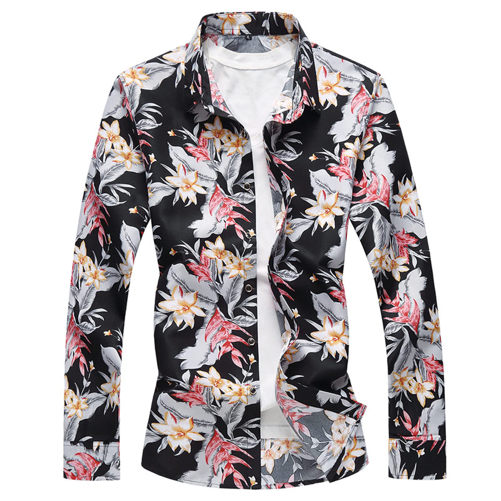 SHOUJIQQ Men's Long Sleeve Floral Hawaiian Shirt - Plus Size Casual Loose Fit Aloha Shirt for Spring & Fall | Beach Vacation, Luau Party & Urban Streetwear Fashion