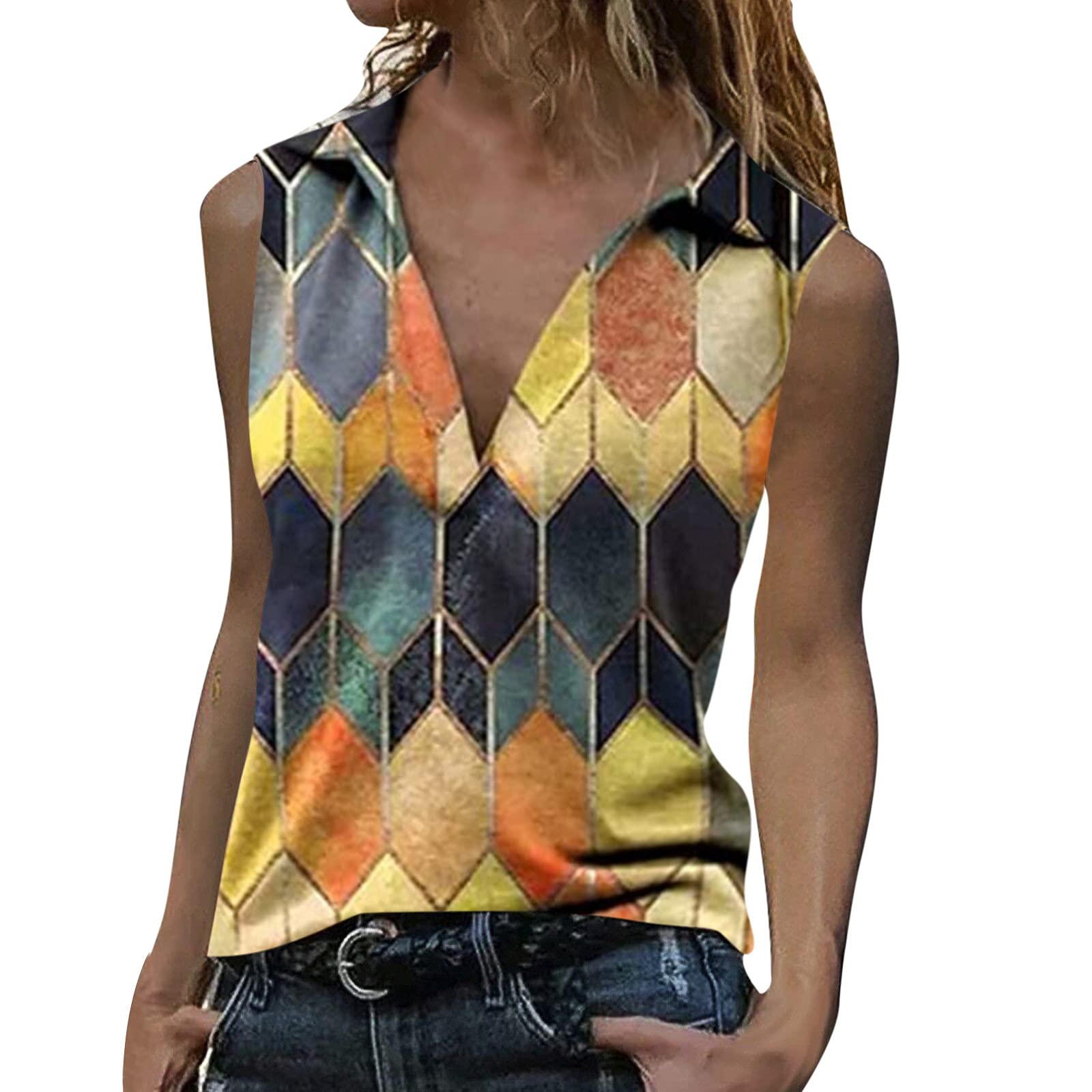 Women's Sleeveless V-Neck Loose Fit Geometric Print Tank Top - Fashionable Summer Blouse for Casual Wear, Beach Outfits & Layering