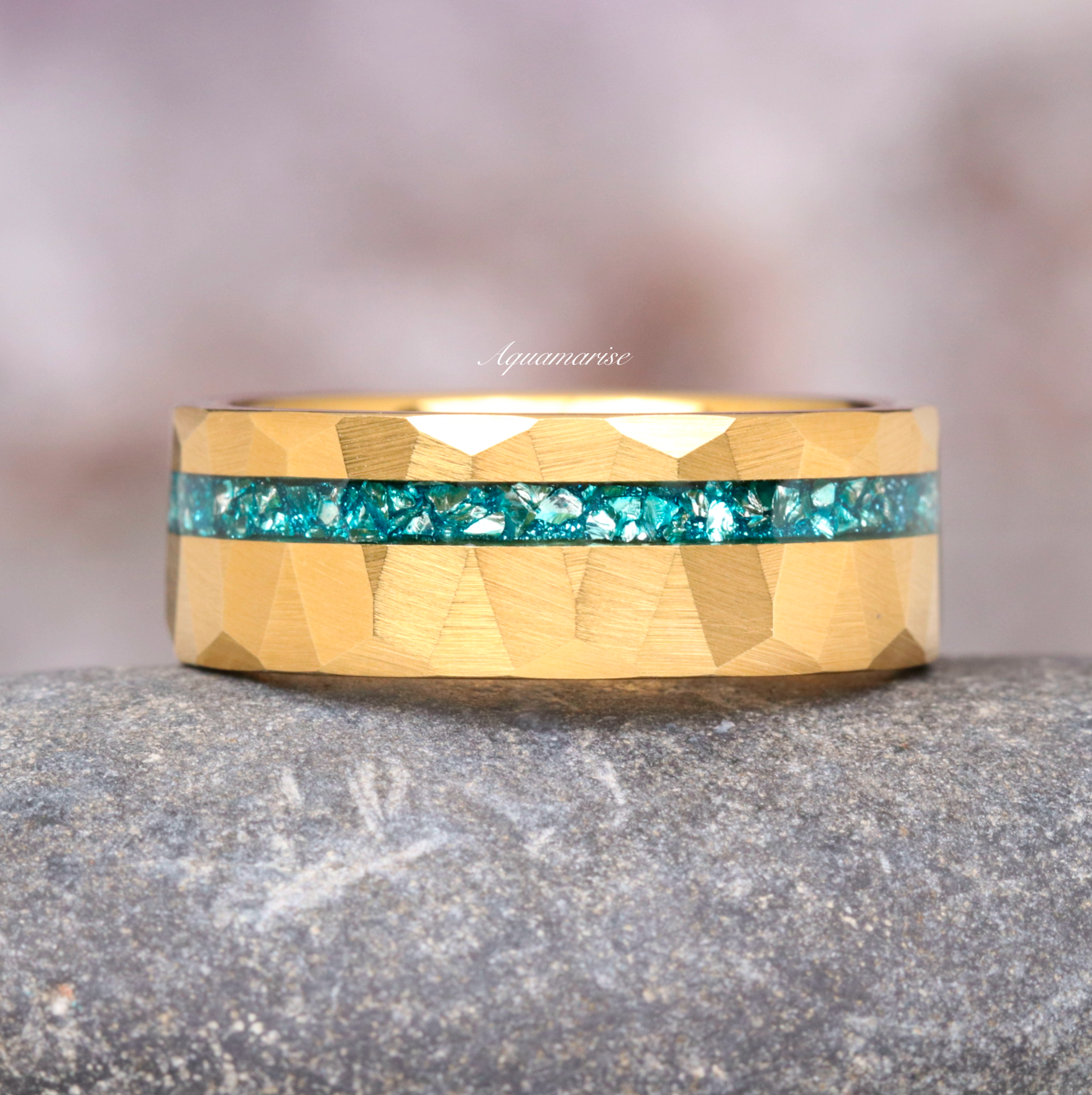 Crushed Aquamarine Wedding Band - Gold Tungsten Ring for Men & Women - Perfect for Engagement, Anniversary & Gift Giving
