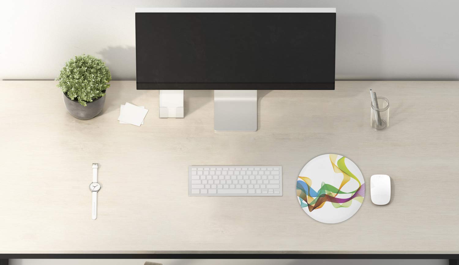 Ambesonne Abstract Round Mouse Pad - Non-Slip Thick Rubber Gaming Mousepad with Wavy Ribbon & Smoked Rainbow Design, 8 Inch Multicolor Computer Accessory for Office, Gaming & Home Use