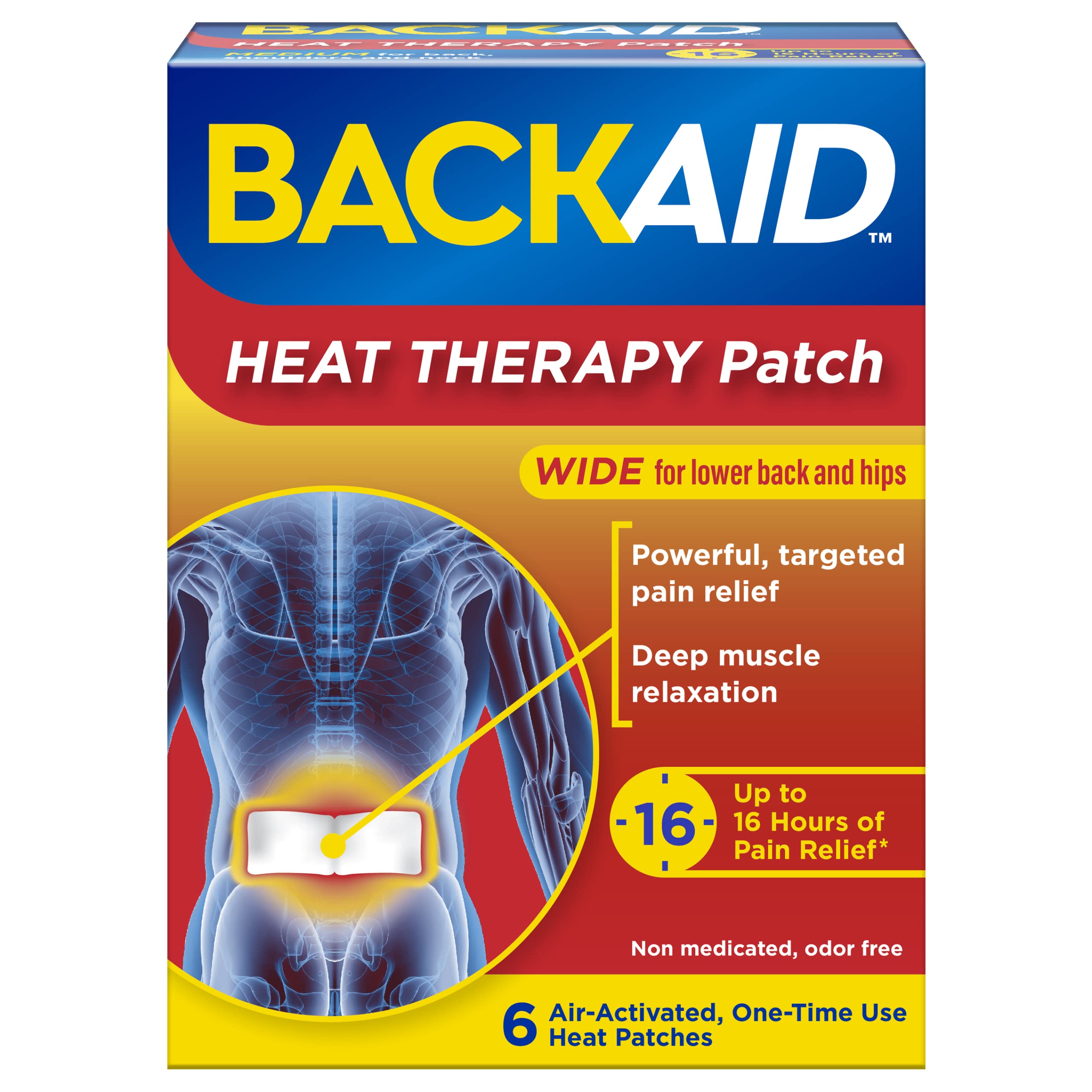 Backaid Heat Therapy Patch - Air-Activated Therapeutic Heating Pads for Lower Back & Hip Pain Relief (6 Count) - Perfect for Work, Travel & Post-Workout Recovery