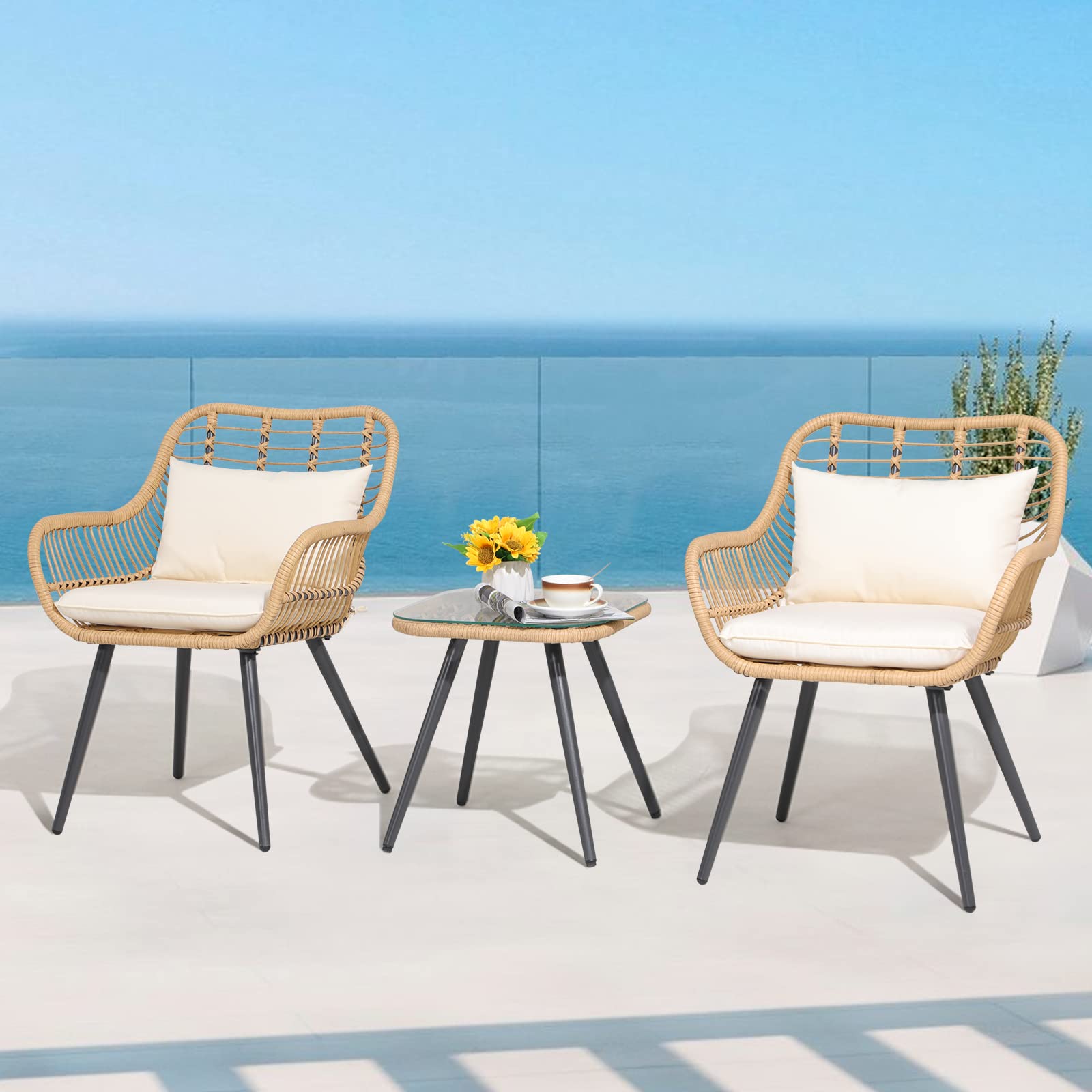 Verano Garden 3-Piece Patio Bistro Set - Outdoor Wicker Conversation Chairs with Glass Top Coffee Table & Cushions - Perfect for Balcony, Porch, Backyard, Deck and Poolside Relaxation | Durable Weather-Resistant Patio Furniture for Outdoor Entertaining & Lounging