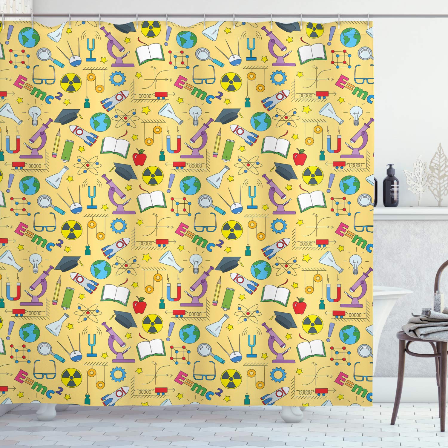 Ambesonne Science Themed Shower Curtain - Physics Symbols, Equipment & Formulas, 69x84 Inch Mustard Multicolor Bathroom Decor with Hooks | Perfect for Science Classrooms, Labs & Nerdy Home Decor