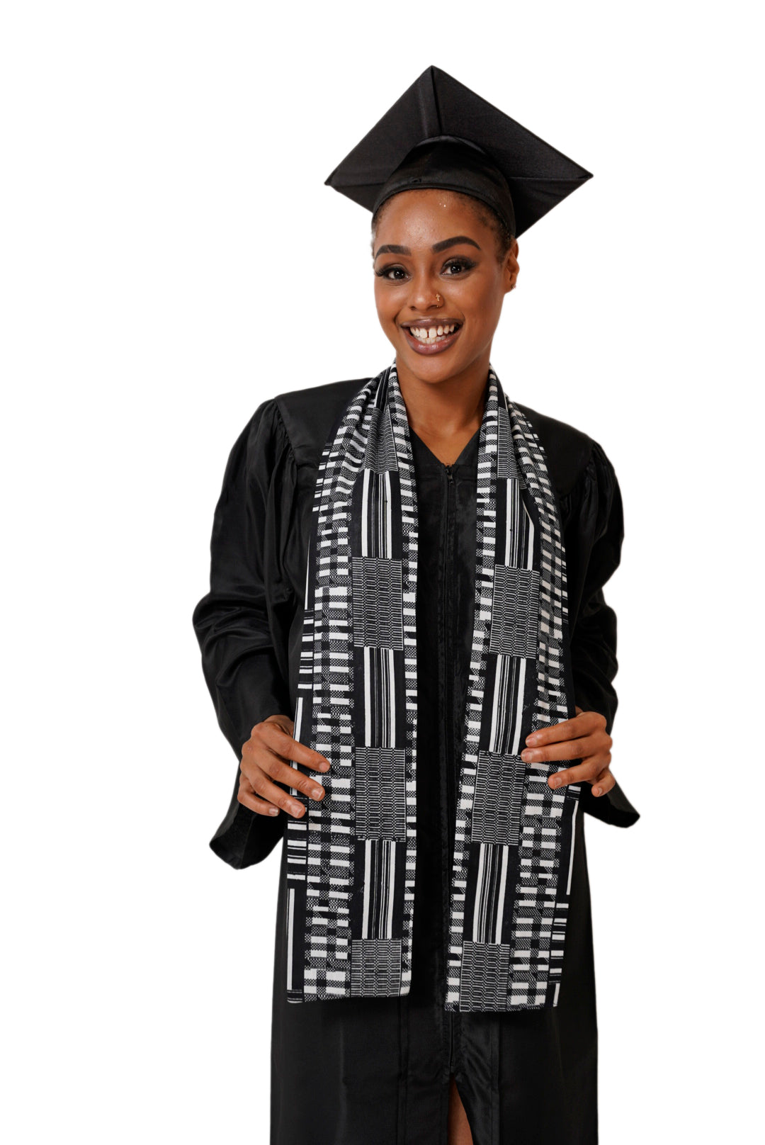 Elegant Black and White Kente African Print Graduation Stole/Sash DPB0795S1 - Perfect for Graduation Ceremonies, Cultural Events & African Heritage Celebrations